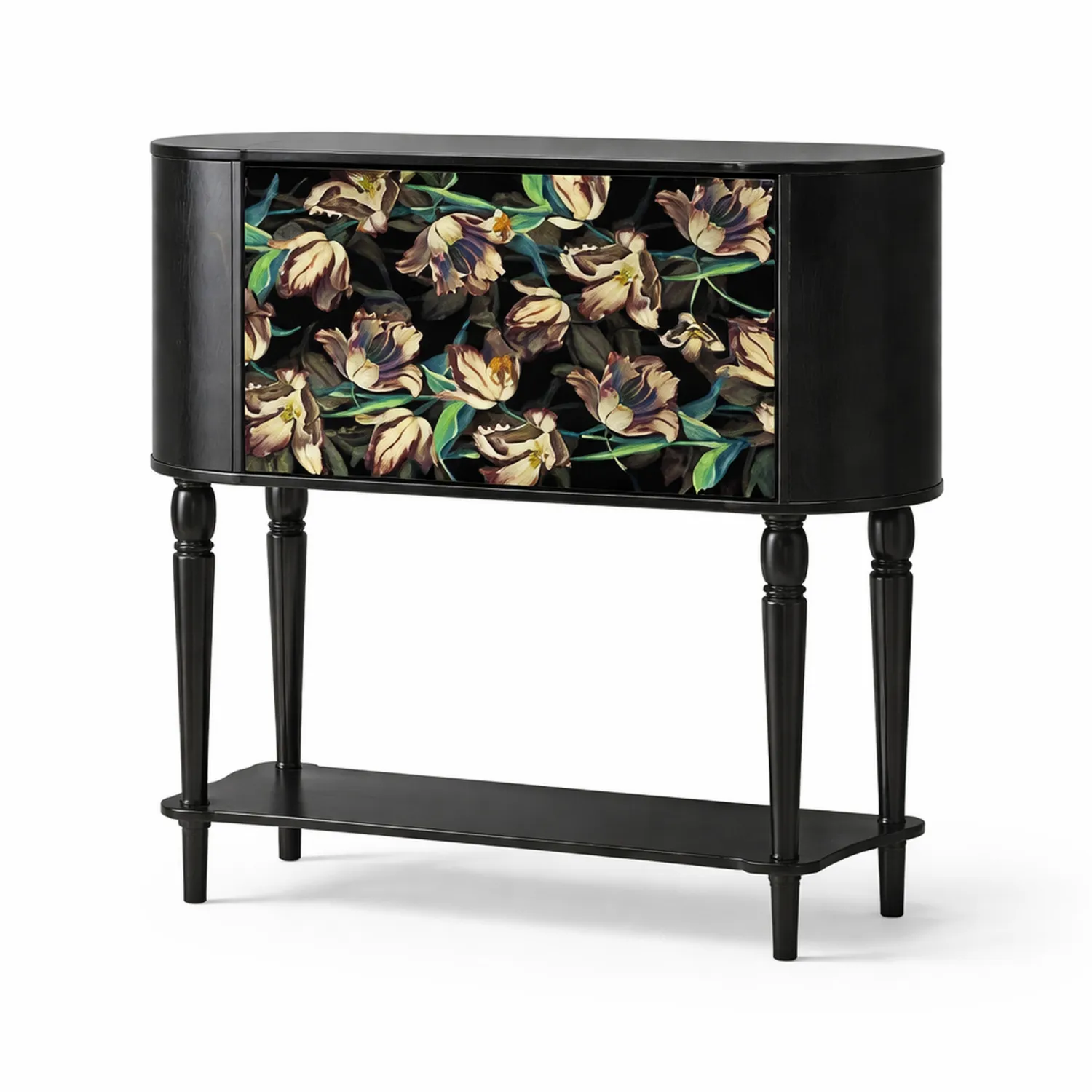 Sideboard Holz Schwarz mit floralem Muster 100x40x90cm