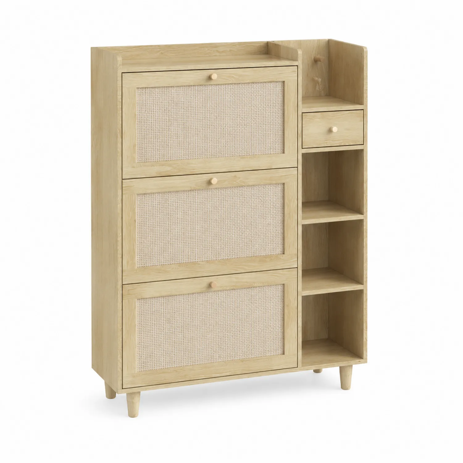 Schuhschrank Holz mit Rattan und Regalfächern, 120x30x100 cm, Natur