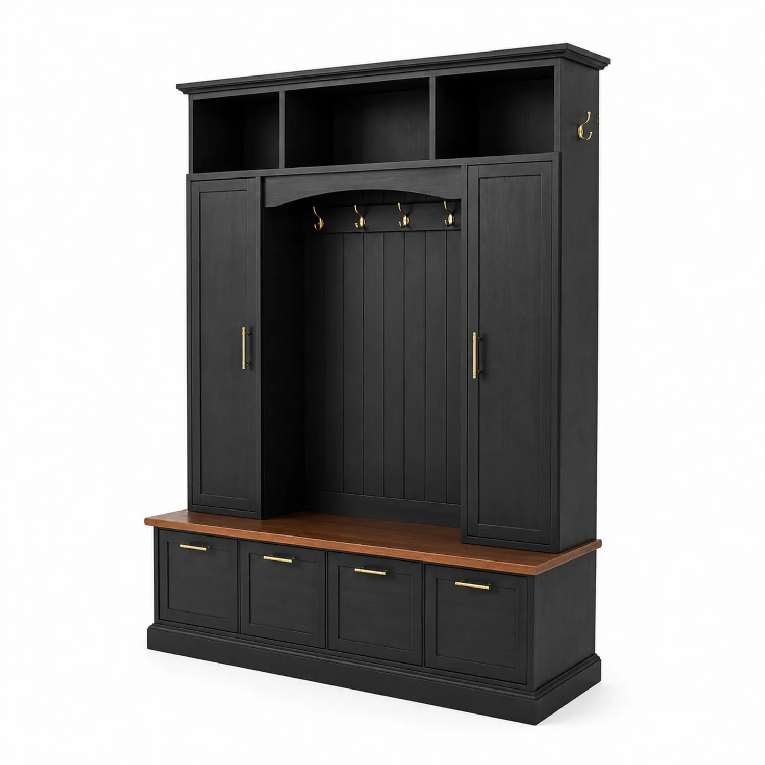 Garderobenschrank aus Holz mit Metallbeschlägen in Schwarz und Braun