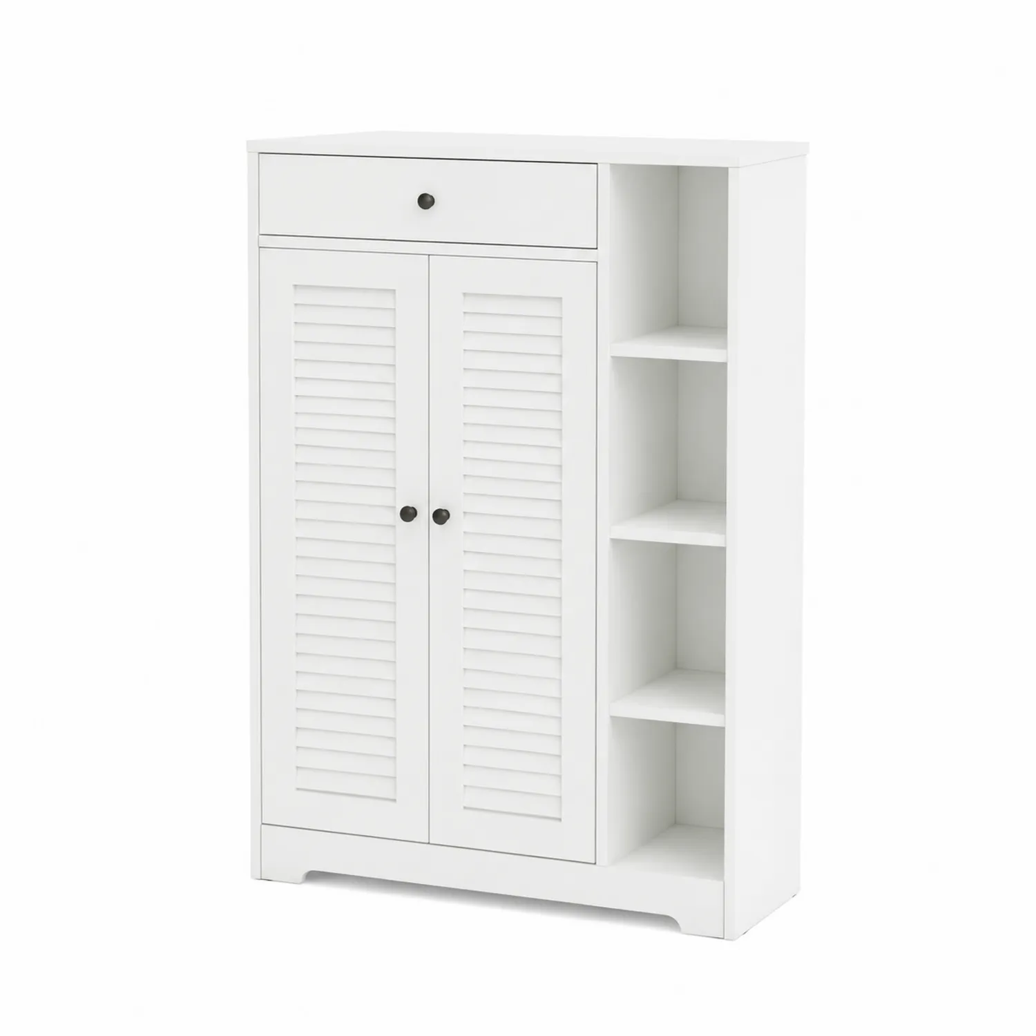 Weißer Holzwerkstoffschrank mit Türen und Regalfächern