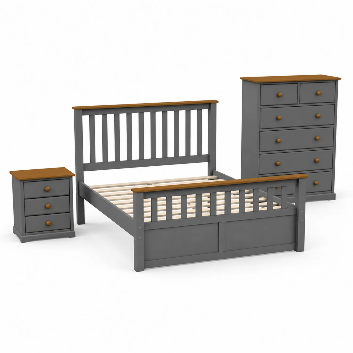 Schlafzimmer-Set aus Holz mit Bett, Nachttisch und Kommode, Grau/Braun, Bettgröße 140x200 cm