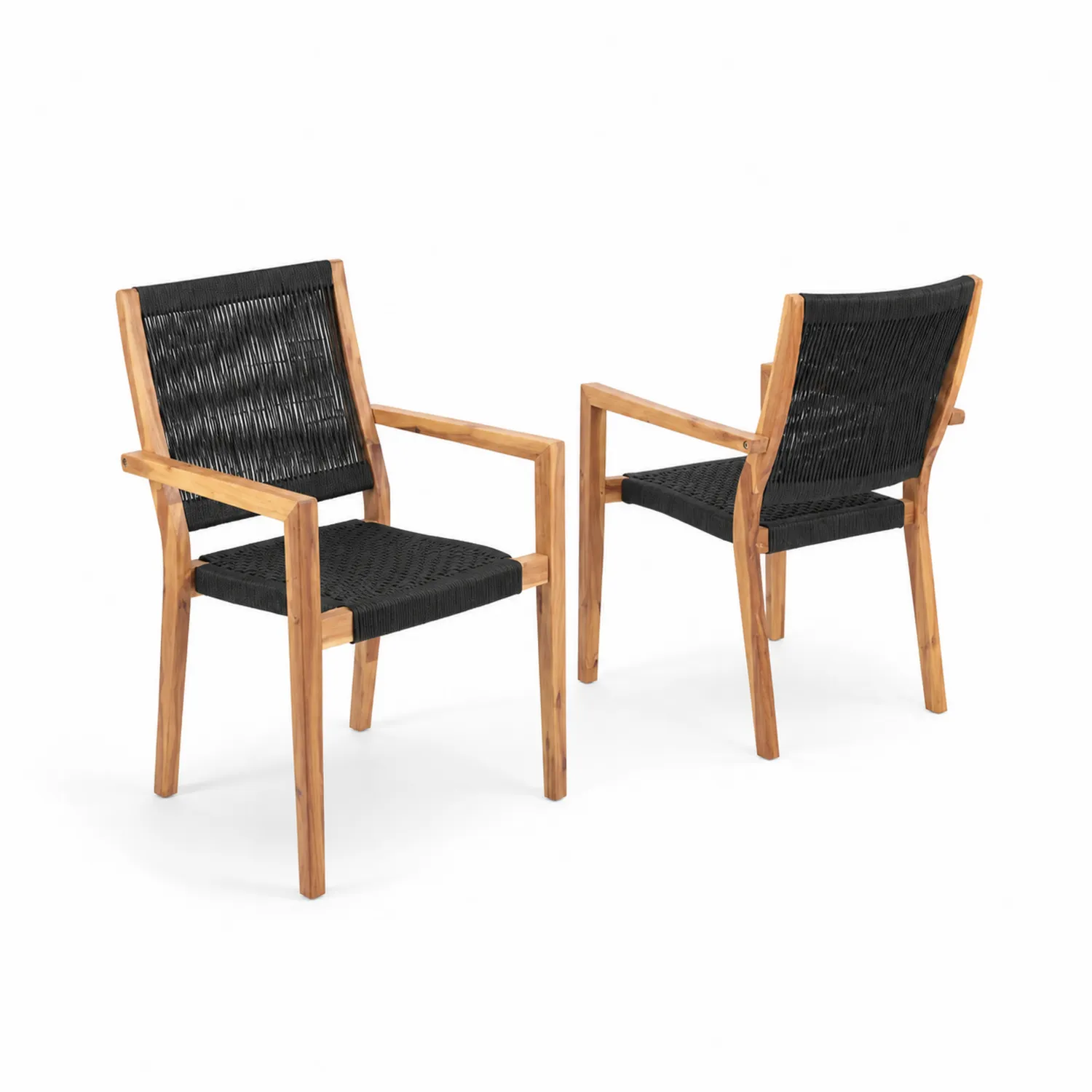 2er Set Gartenstühle aus Teakholz mit schwarzem Seilgeflecht