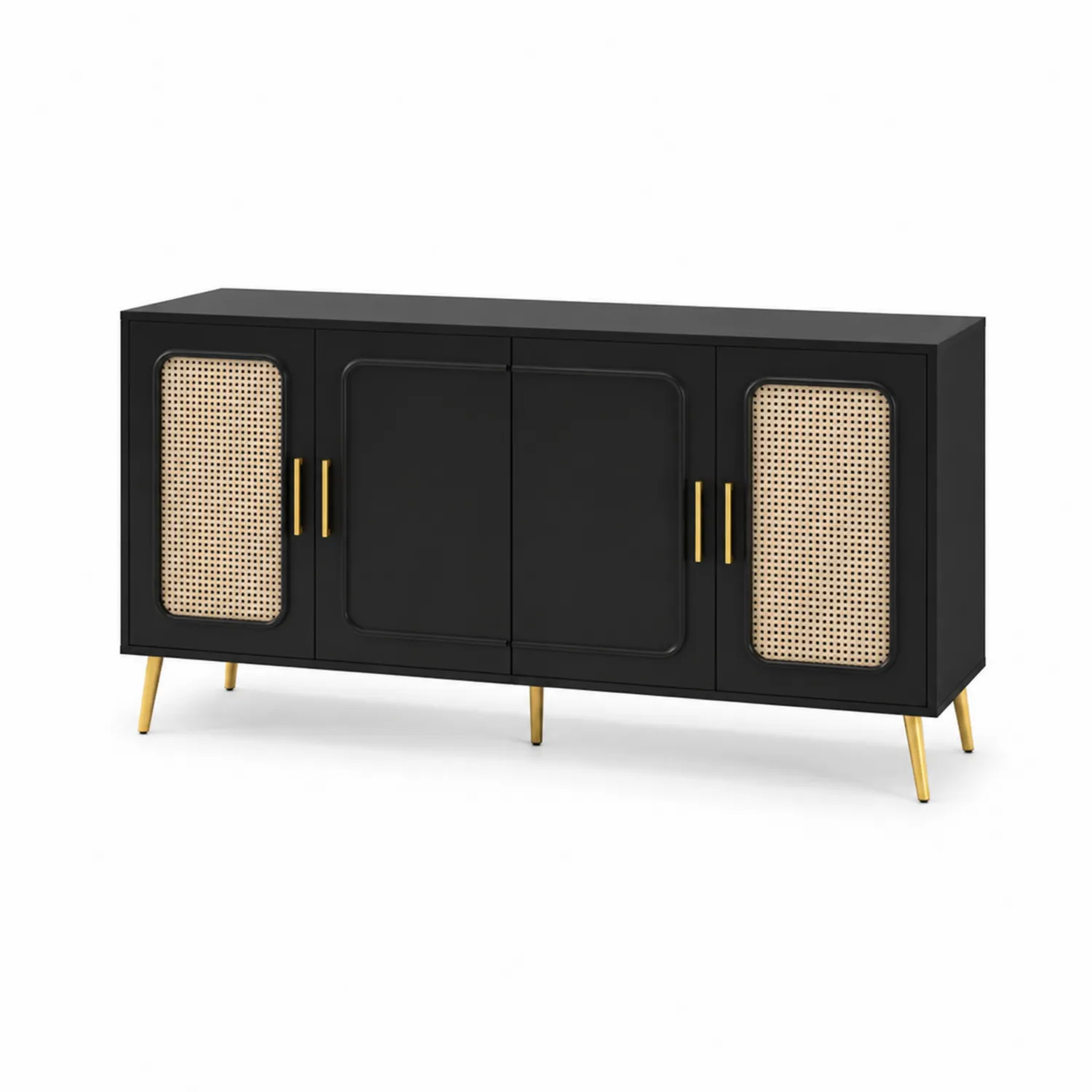 MDF Schrank mit Rattan und Metallbeinen, Schwarz