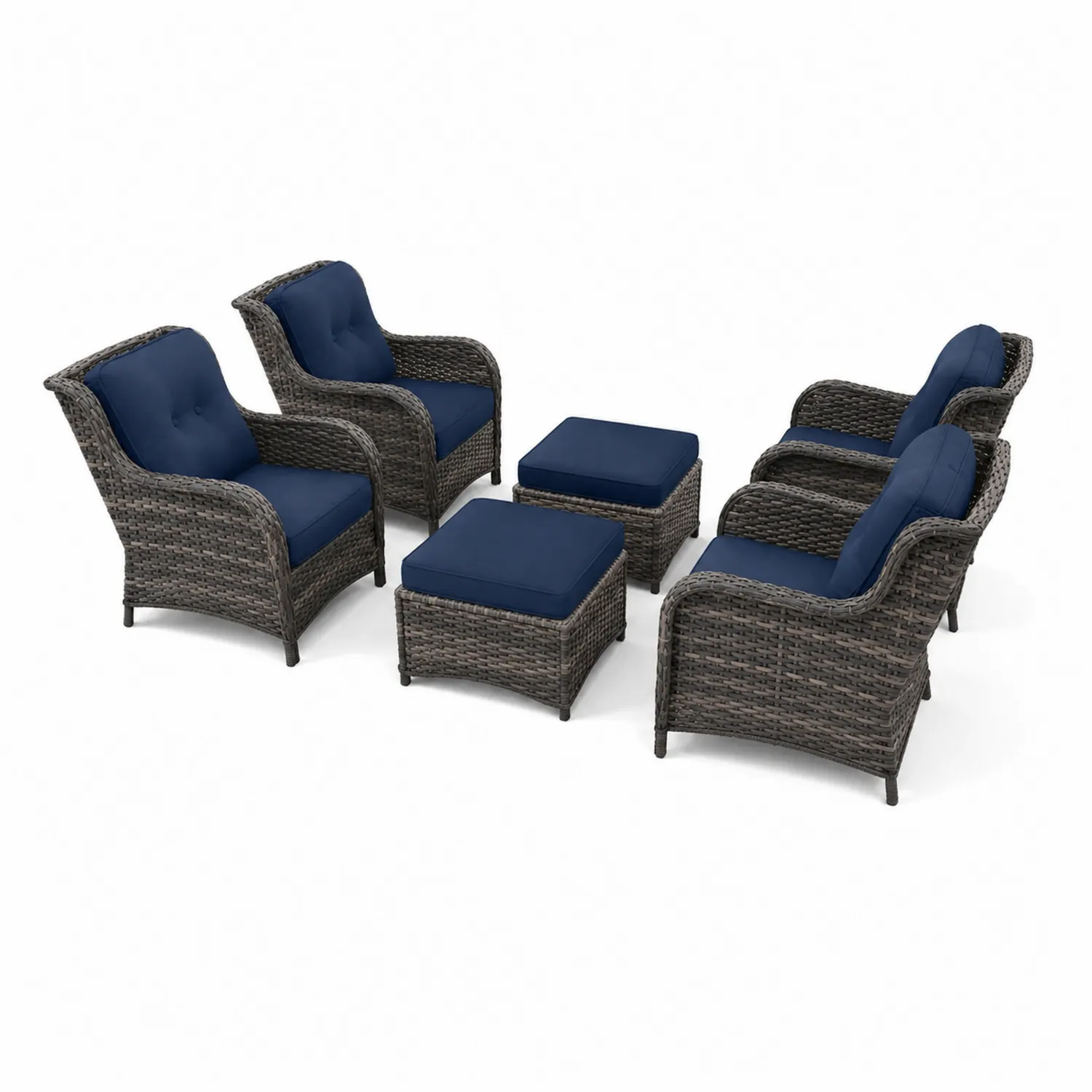 Gartenmöbel-Set aus Polyrattan mit blauen Kissen, 6-teilig, Grau
