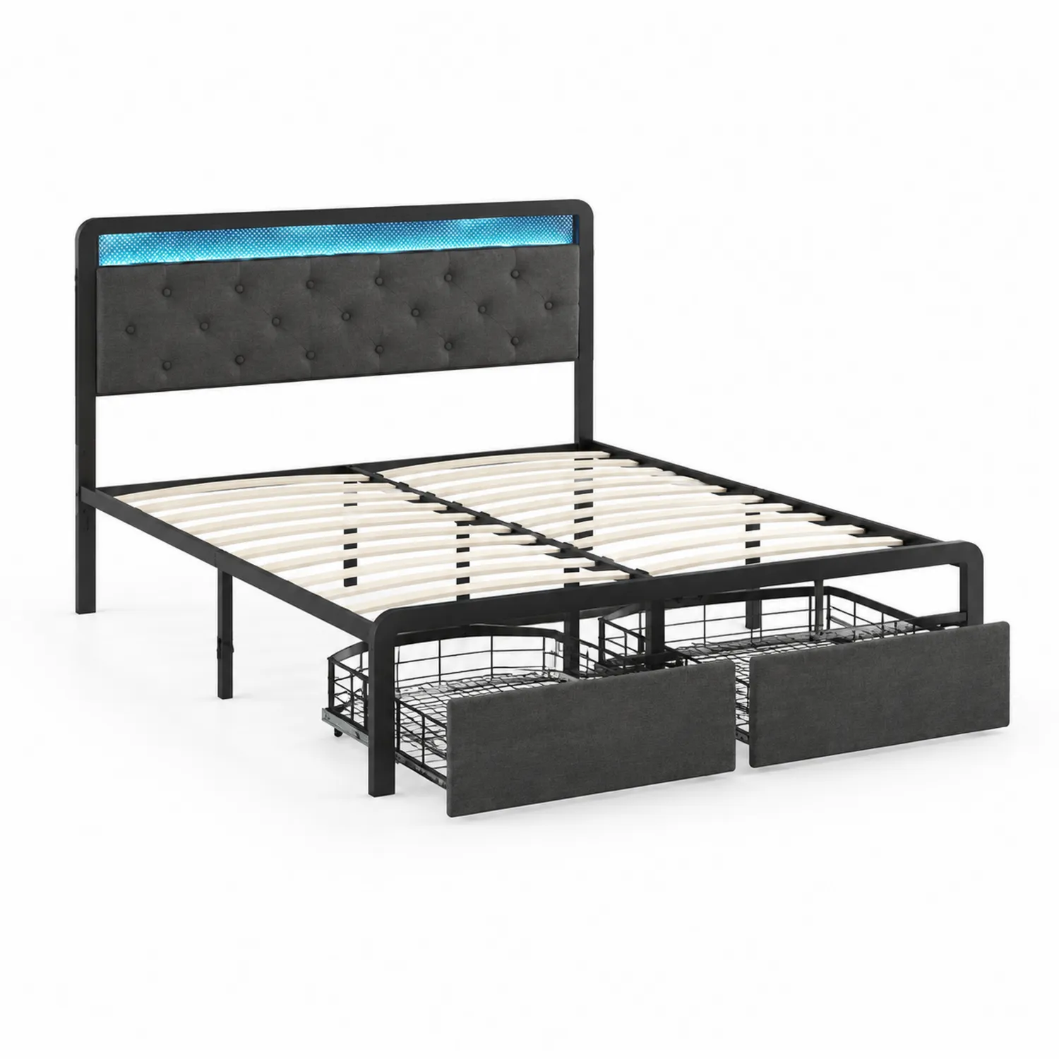 Metallbett mit Aufbewahrung und gepolstertem Kopfteil 200x160 cm Grau