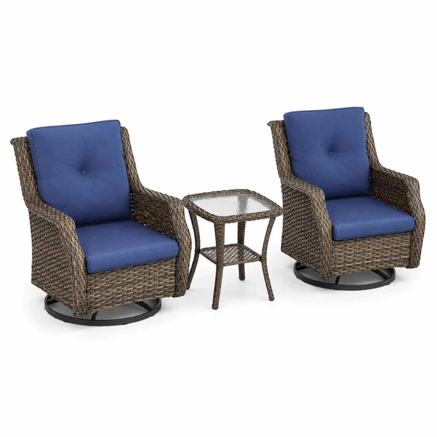 2-teiliges Rattan-Set mit blauen Kissen, Drehstühle und Beistelltisch
