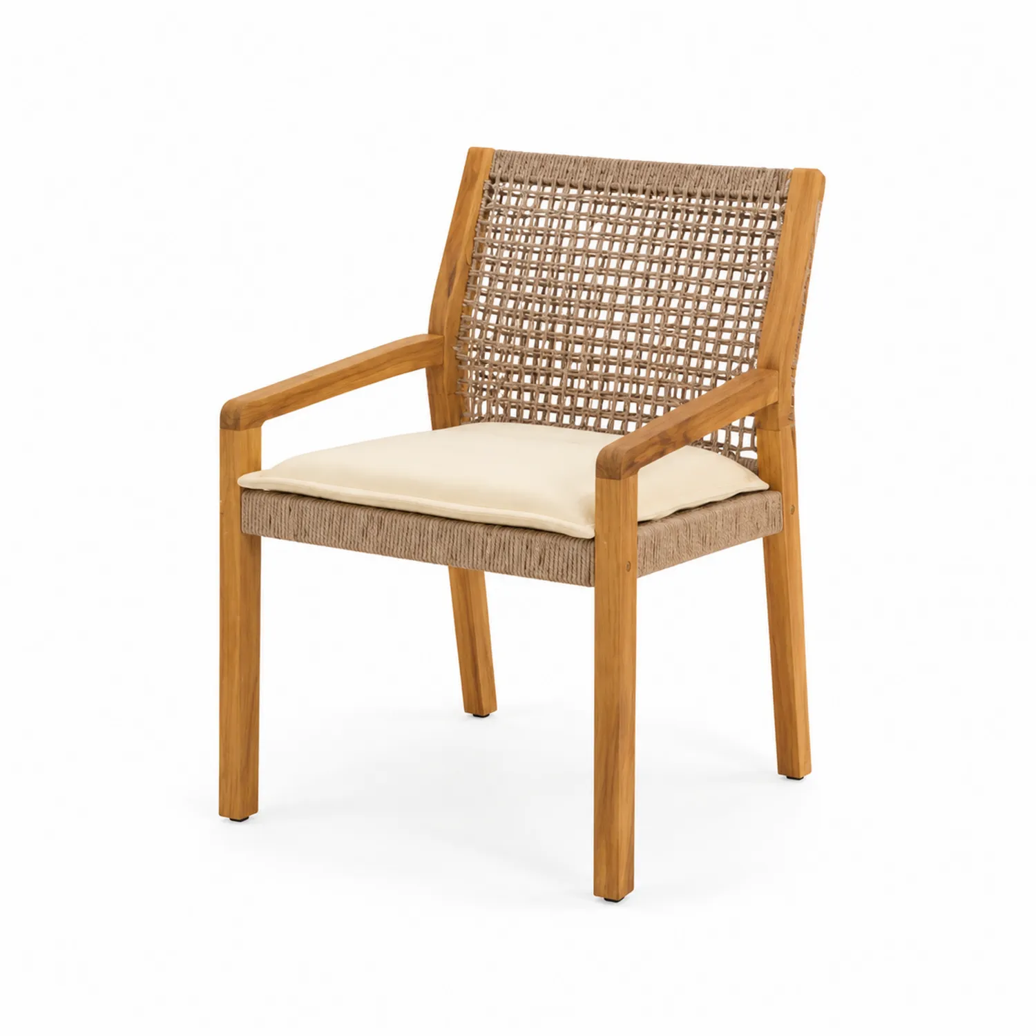 Gartenstuhl Teakholz mit Geflecht und Kissen Beige
