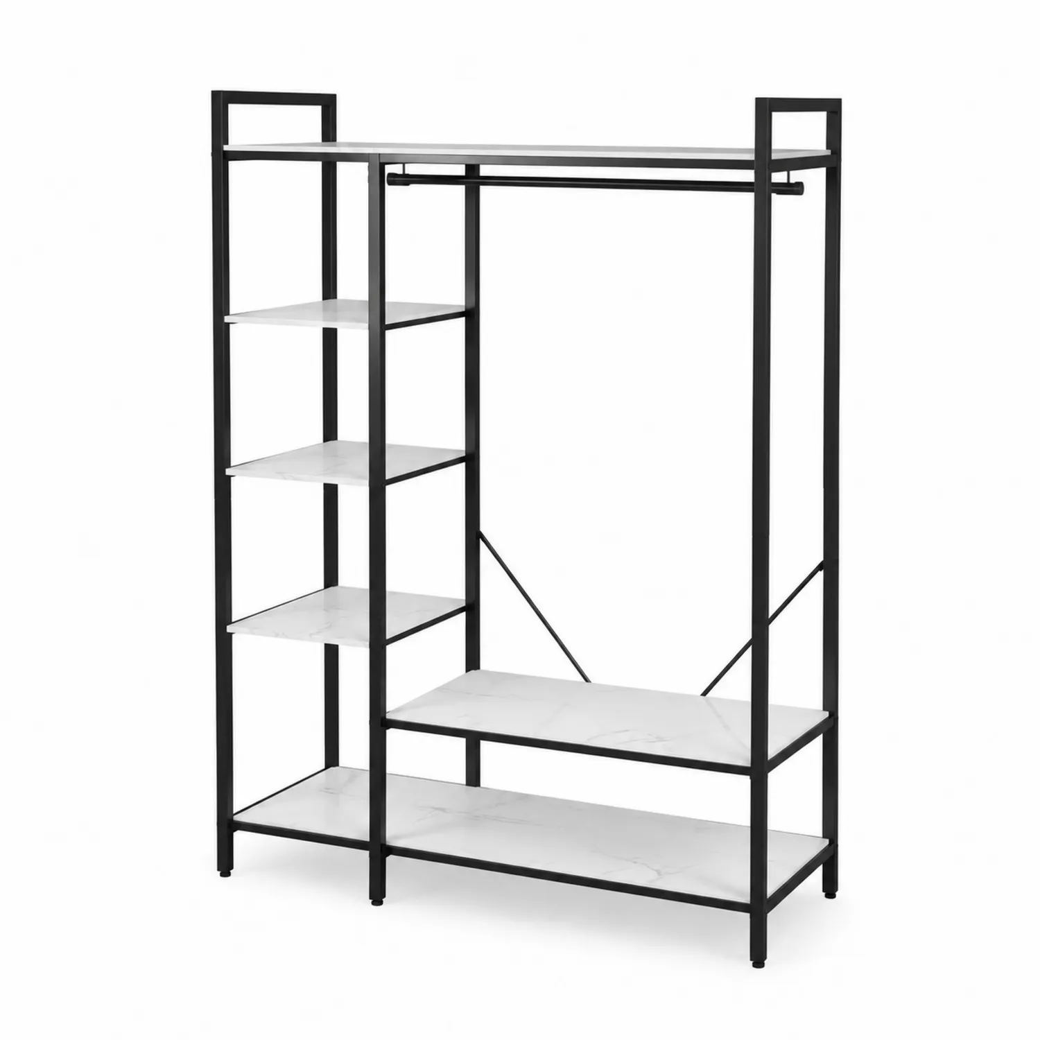 Kleiderständer mit Regal aus Metall und MDF in Marmoroptik, 180x120x40 cm, Schwarz/Weiß