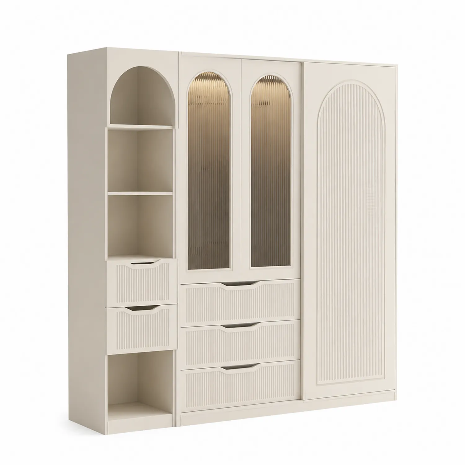 Beiger Kleiderschrank mit Regalen und Schiebetüren aus MDF und geriffeltem Glas