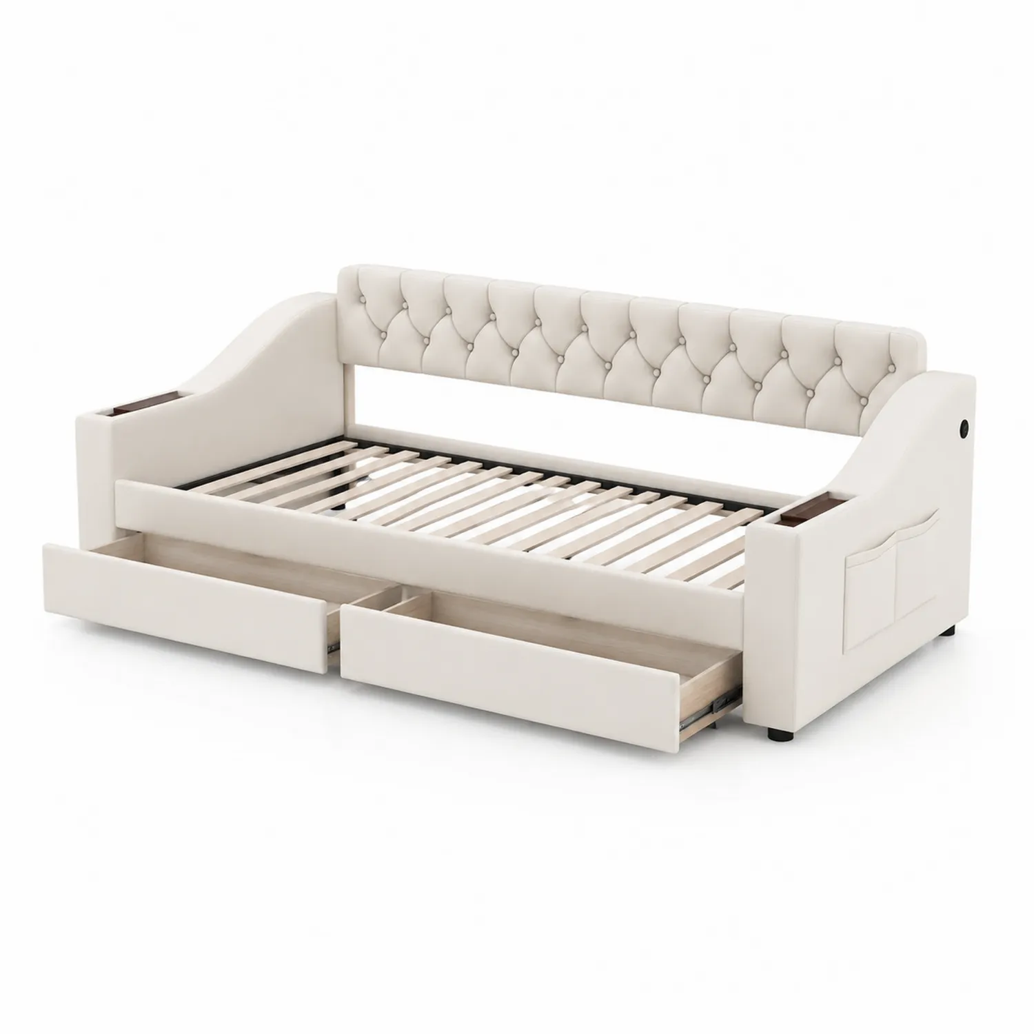 Tagesbett Kunstleder mit Kopfteil und Schubladen Beige 200x90 cm