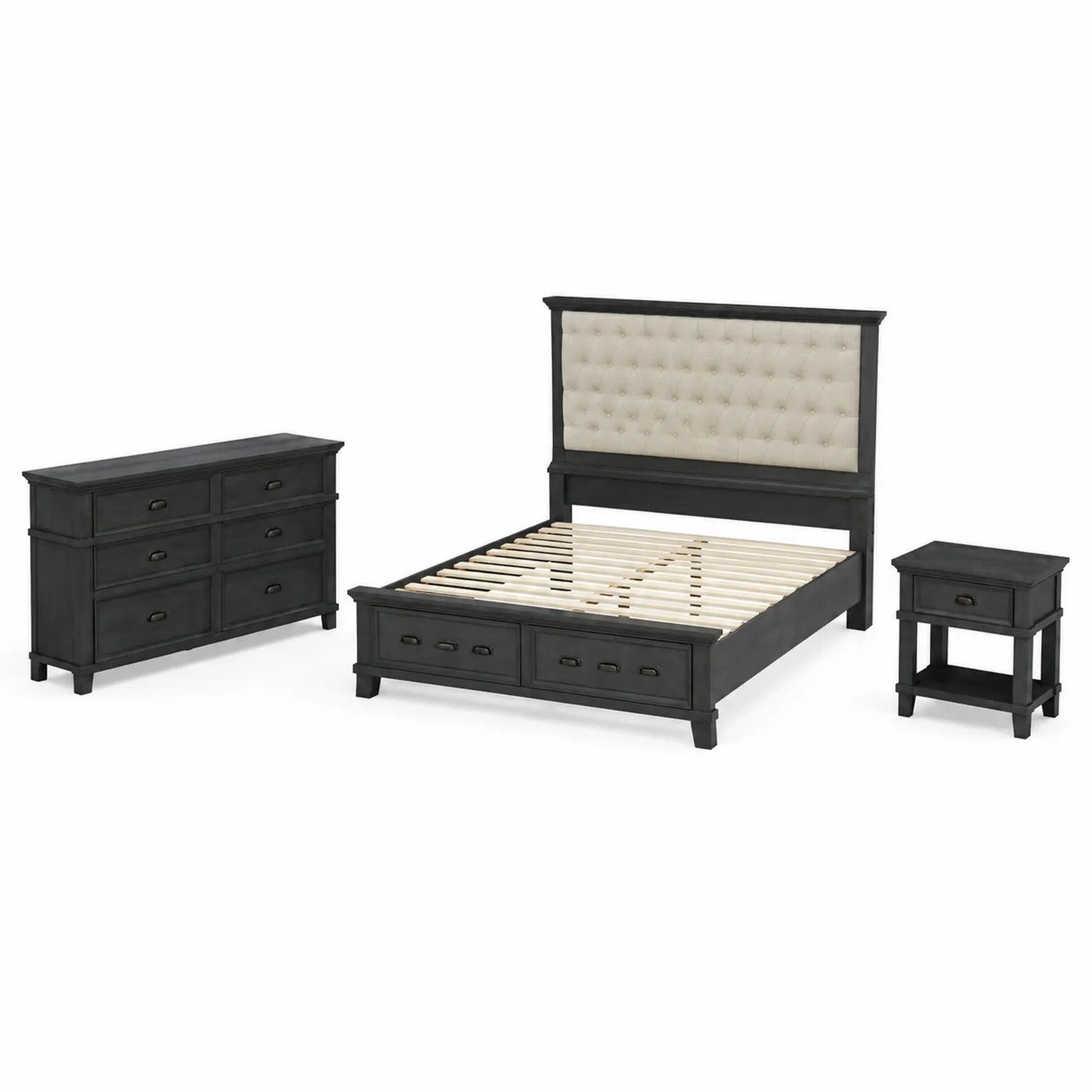 Schlafzimmer-Set mit Polsterbett Holz Leinwand Schwarz Beige 163x213 cm