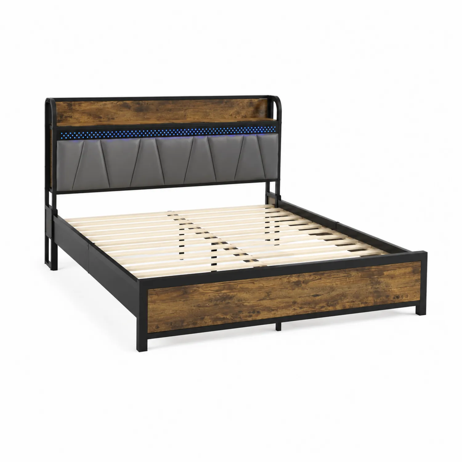 Bett aus Metall mit Holzoptik und LED 140x200 cm Schwarz/Braun