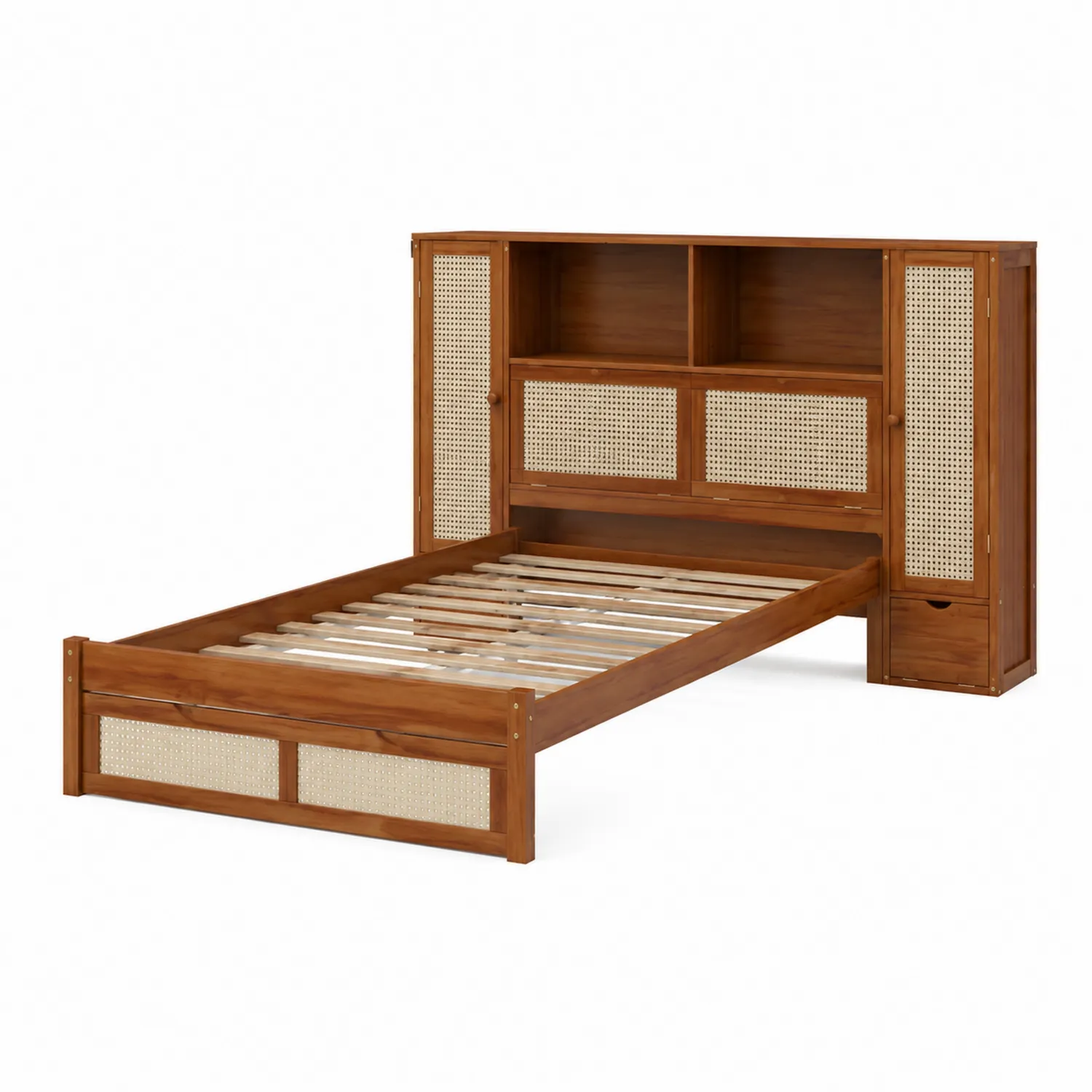 Holzbett mit Stauraum und Rattan-Elementen 200x140 cm Braun