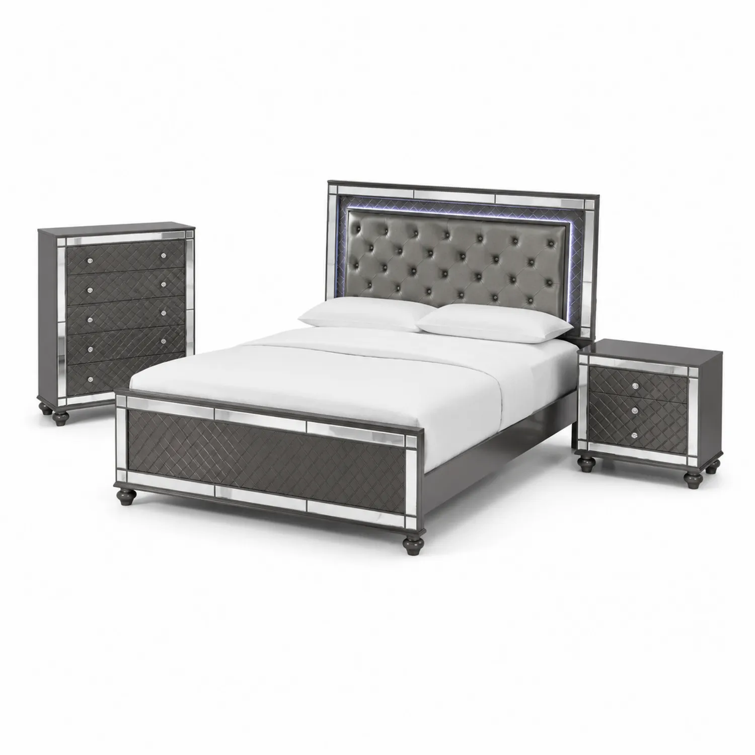 Schlafzimmer-Set aus Metall und Spiegel mit LED, Bett 180x200 cm, Grau