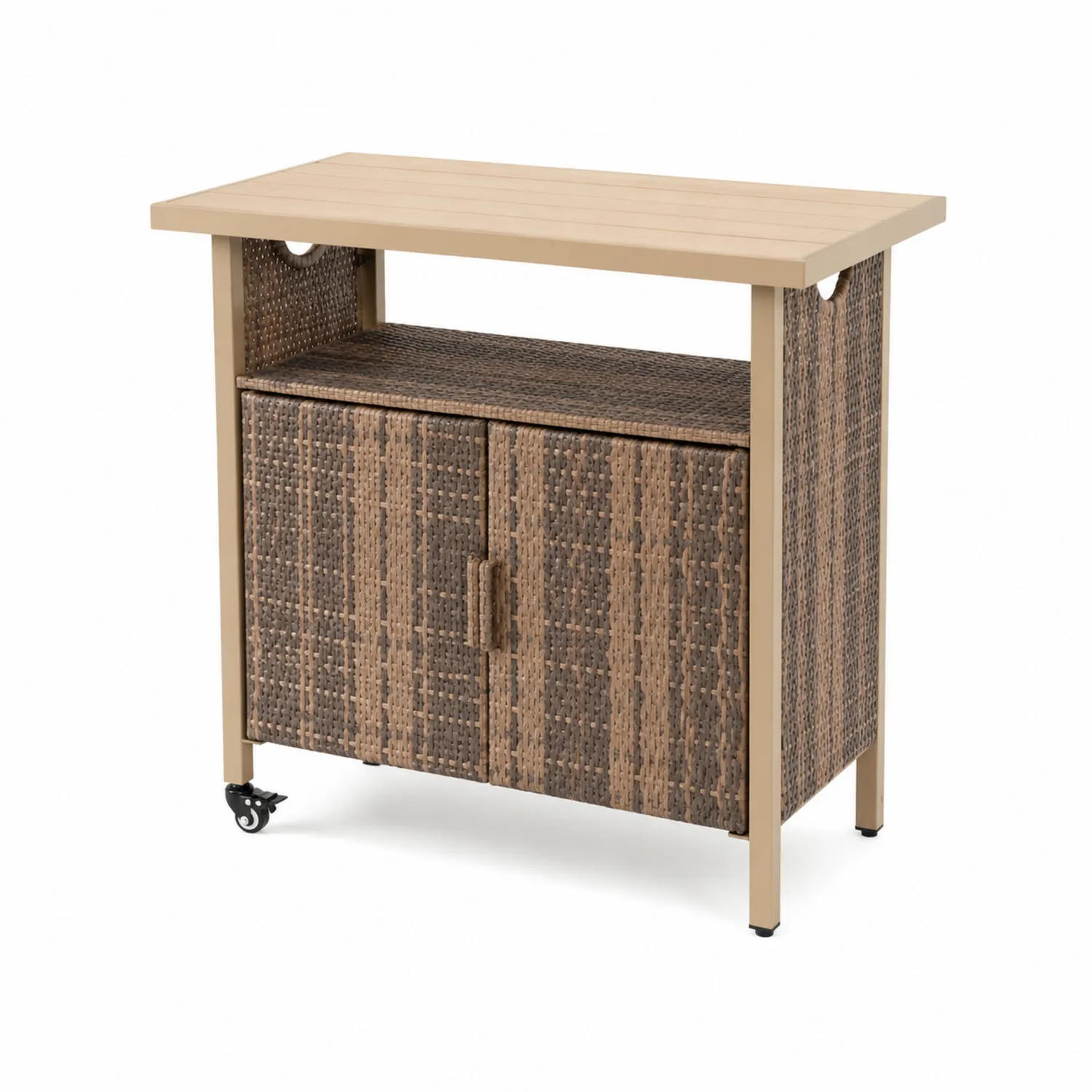 Gartentisch mit Rädern und Stauraum aus Rattan Braun/Beige