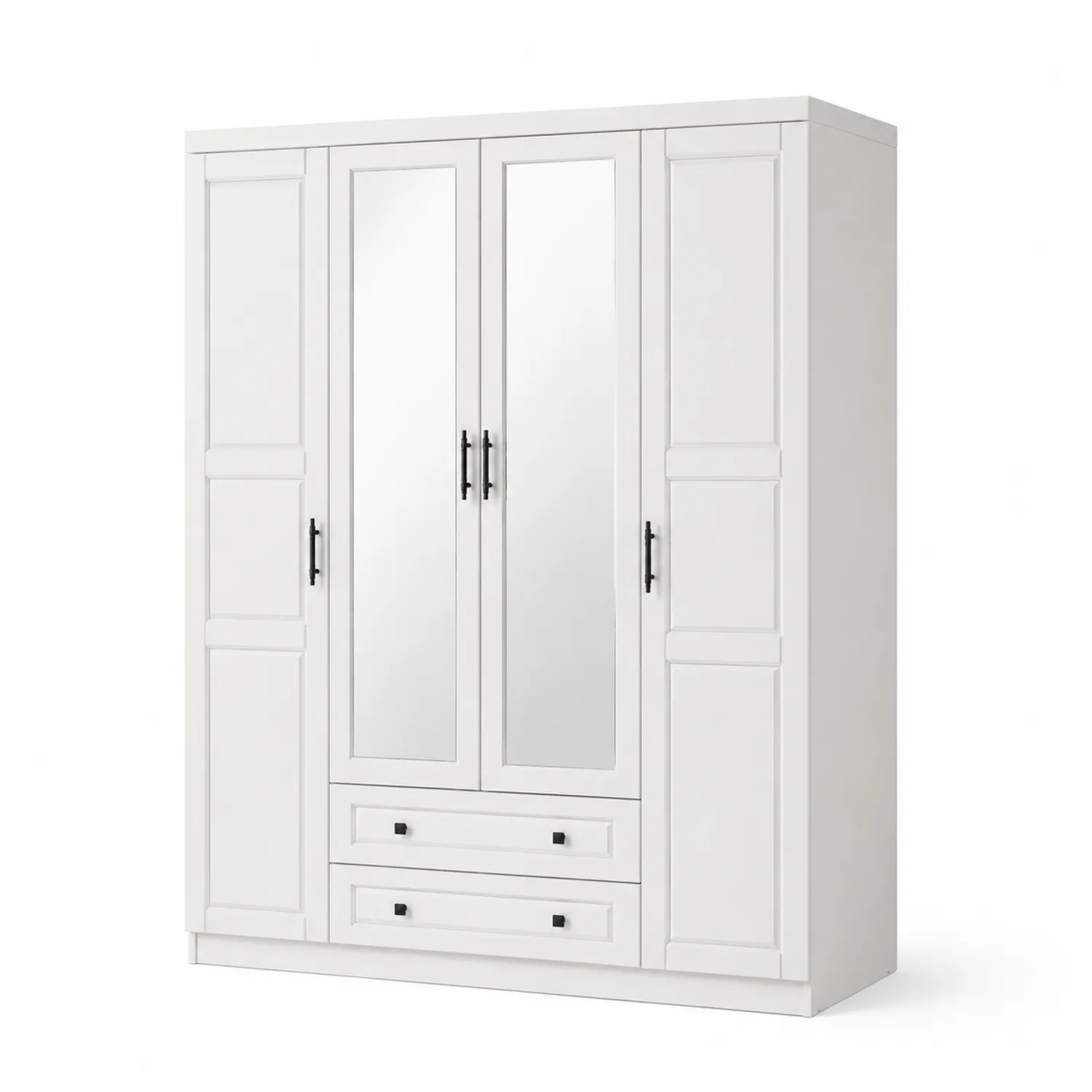 Weißer Kleiderschrank mit Spiegel 4 Türen 2 Schubladen