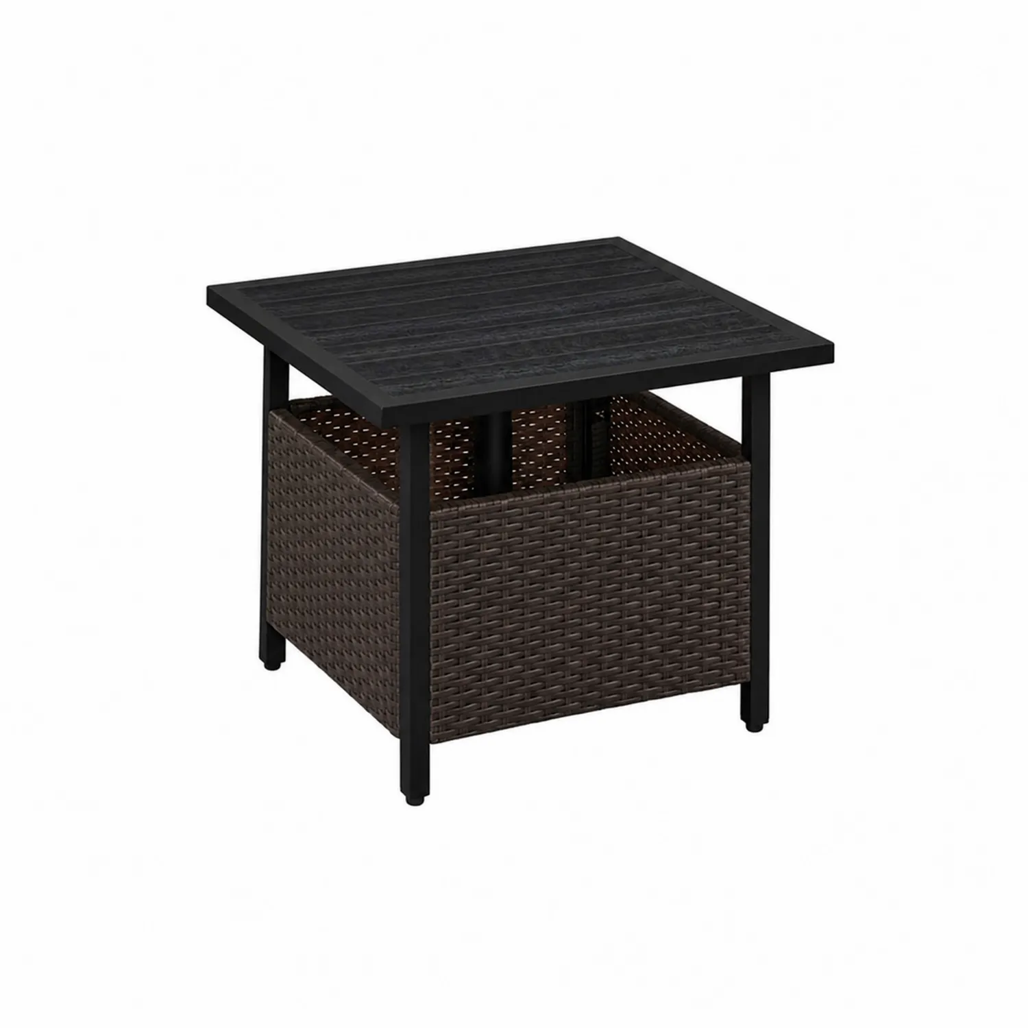 Quadratischer Beistelltisch aus Stahl und Polyrattan 60x60x50 cm Schwarz/Dunkelbraun