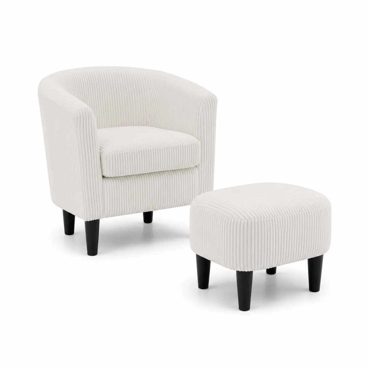 Polstersessel-Set aus Cord mit Hocker in Cremeweiß