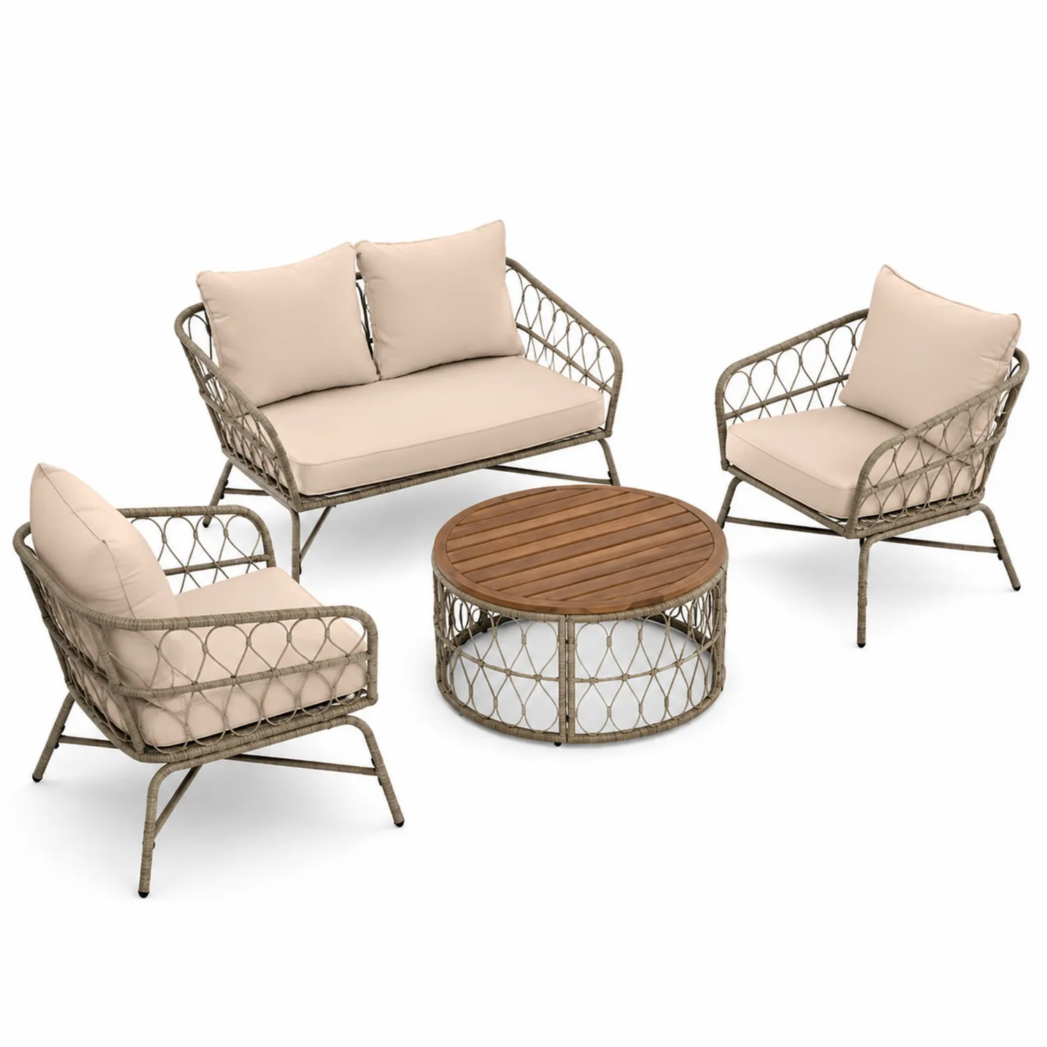 Gartensofa-Set aus Rattan und Metall mit Kissen Beige und Tisch aus Akazienholz
