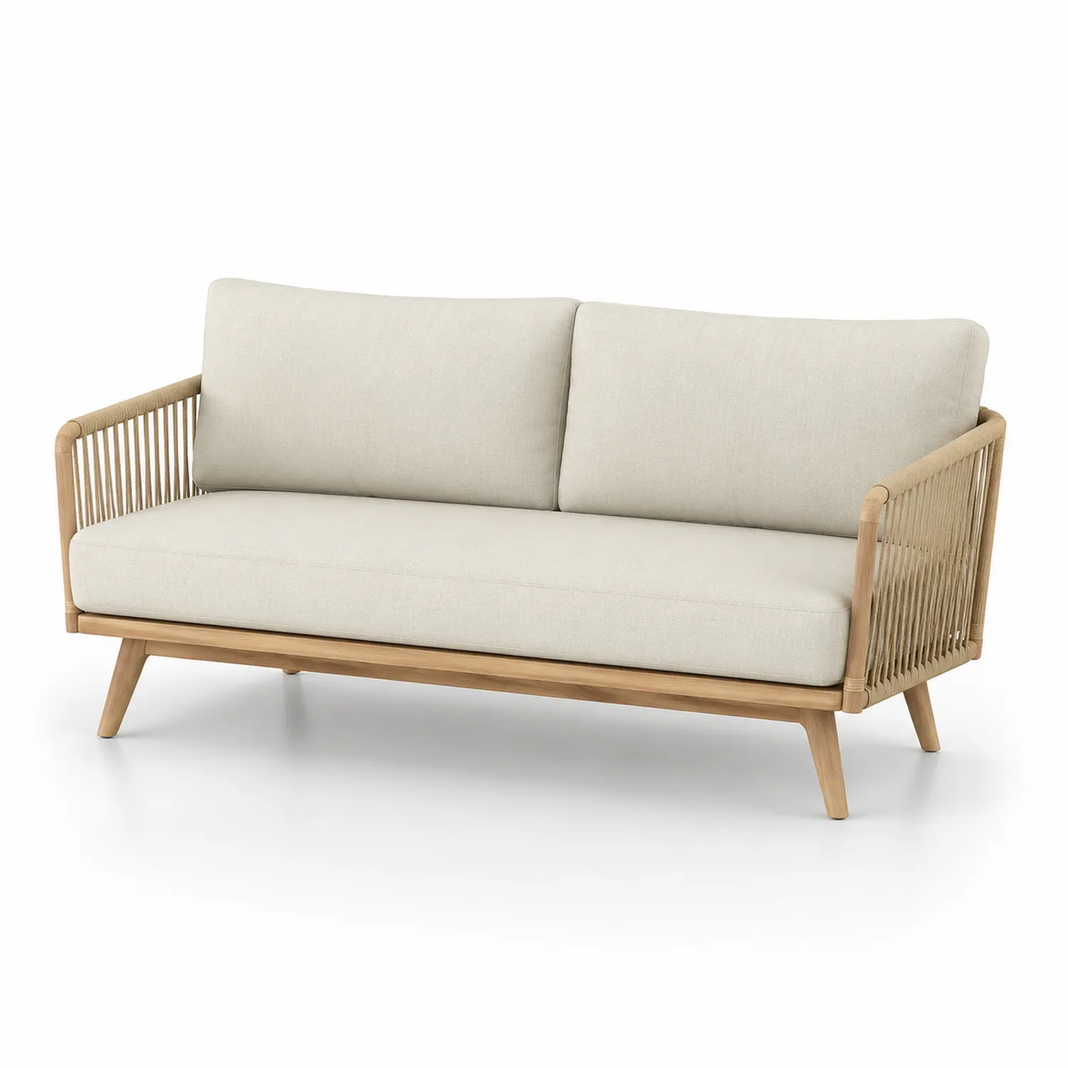 Sofa dwuosobowa z drewna tekowego i lnu, 160 cm, Beżowa