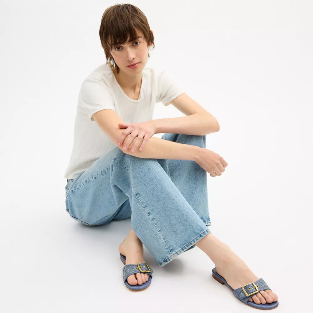 Margot Flat Sandal In Crystal Signature Denim
