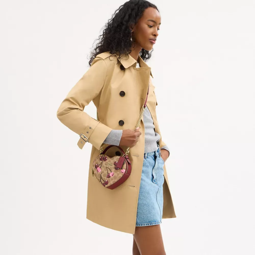 Heart Crossbody Bag In Signature Canvas With Cherry Print