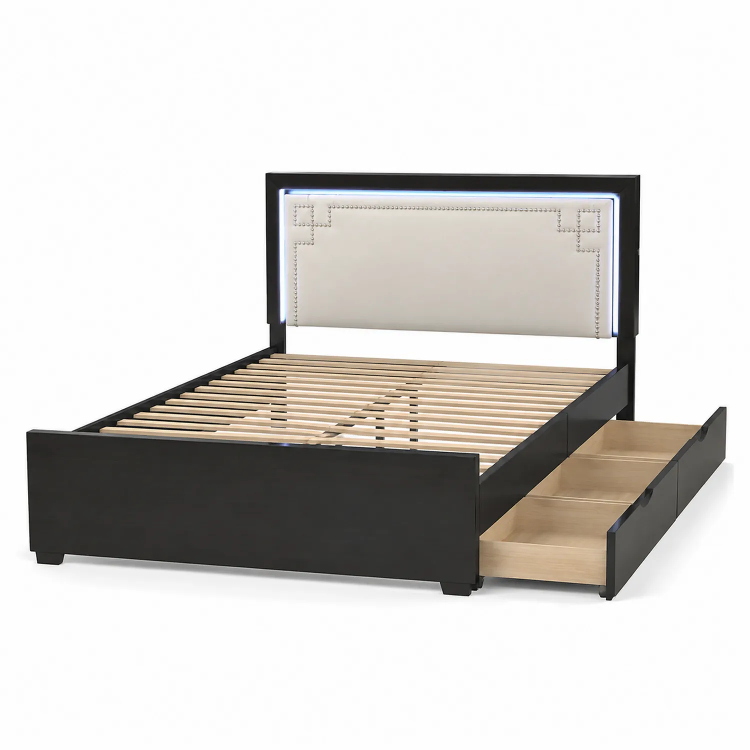 Bett aus Massivholz und Kunstleder mit LED und Schubladen Schwarz
