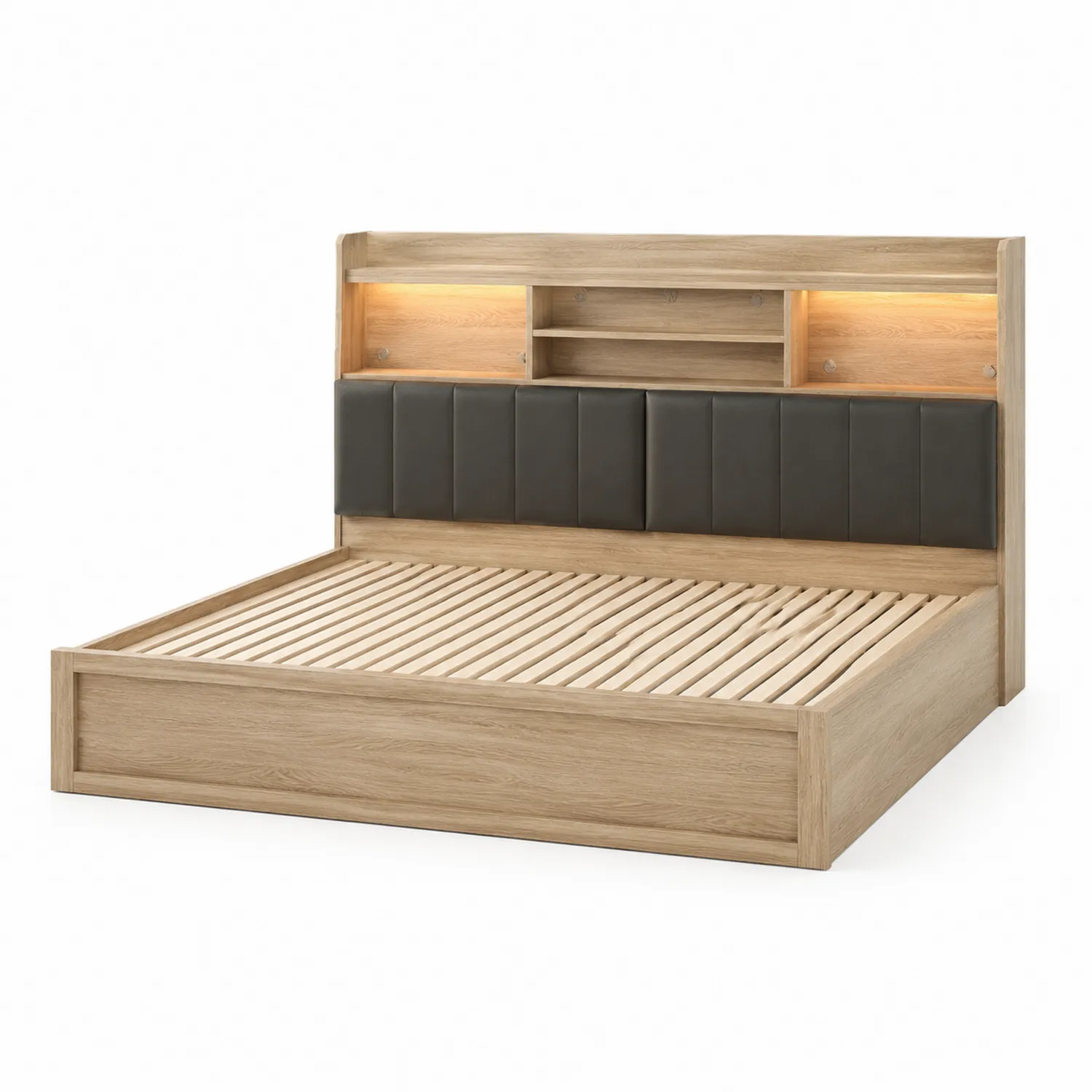 Bett aus Eichenholz mit LED-Beleuchtung und Regalen