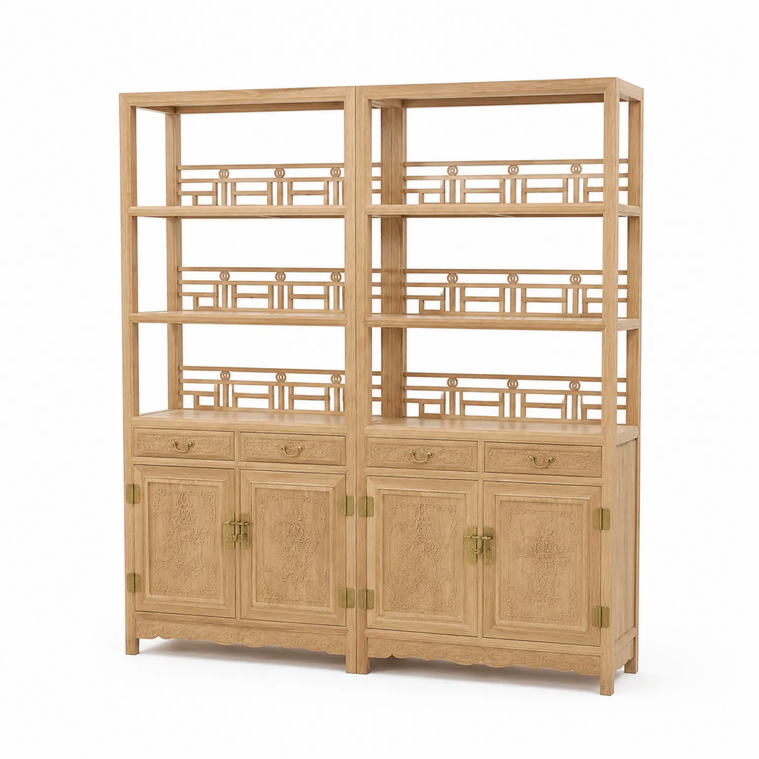 Bücherregal Set Holz Eiche mit Schnitzereien 200 x 180 x 40 cm Beige