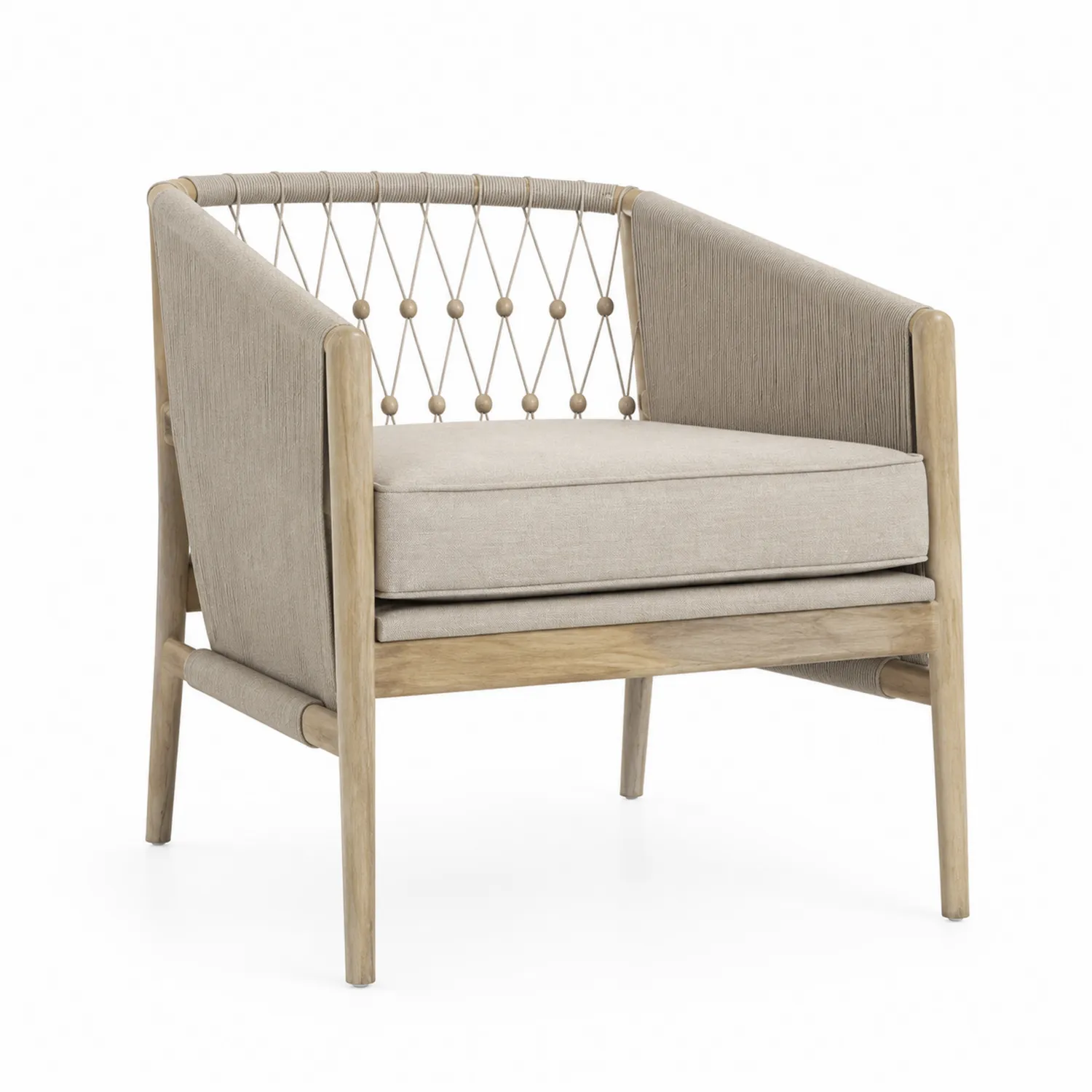 Outdoor-Clubstuhl aus Teakholz mit Seilrücken und Polyesterpolster, Beige