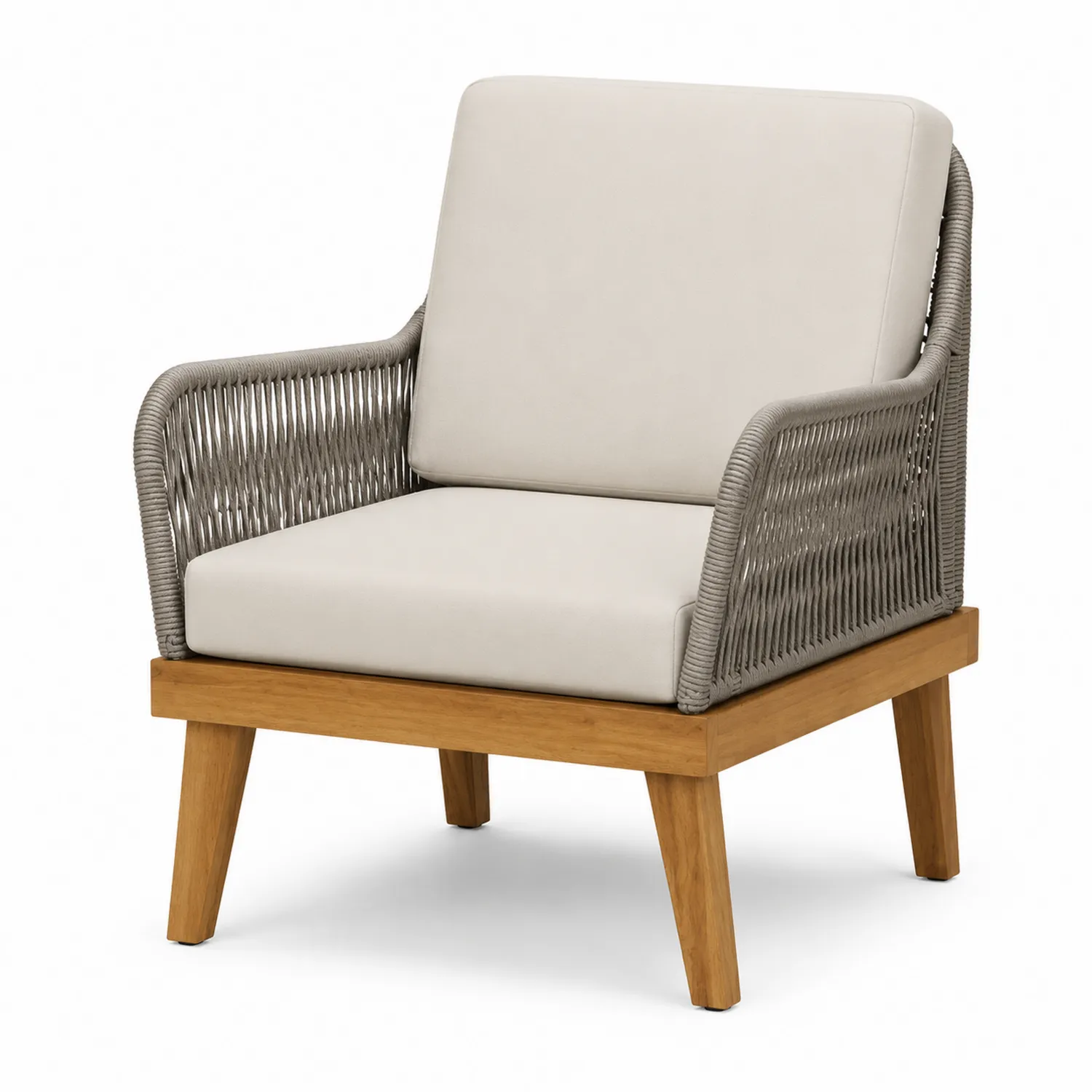 Outdoor Clubstuhl mit Teakholzrahmen und Seilgeflecht Creme 75x85x90cm