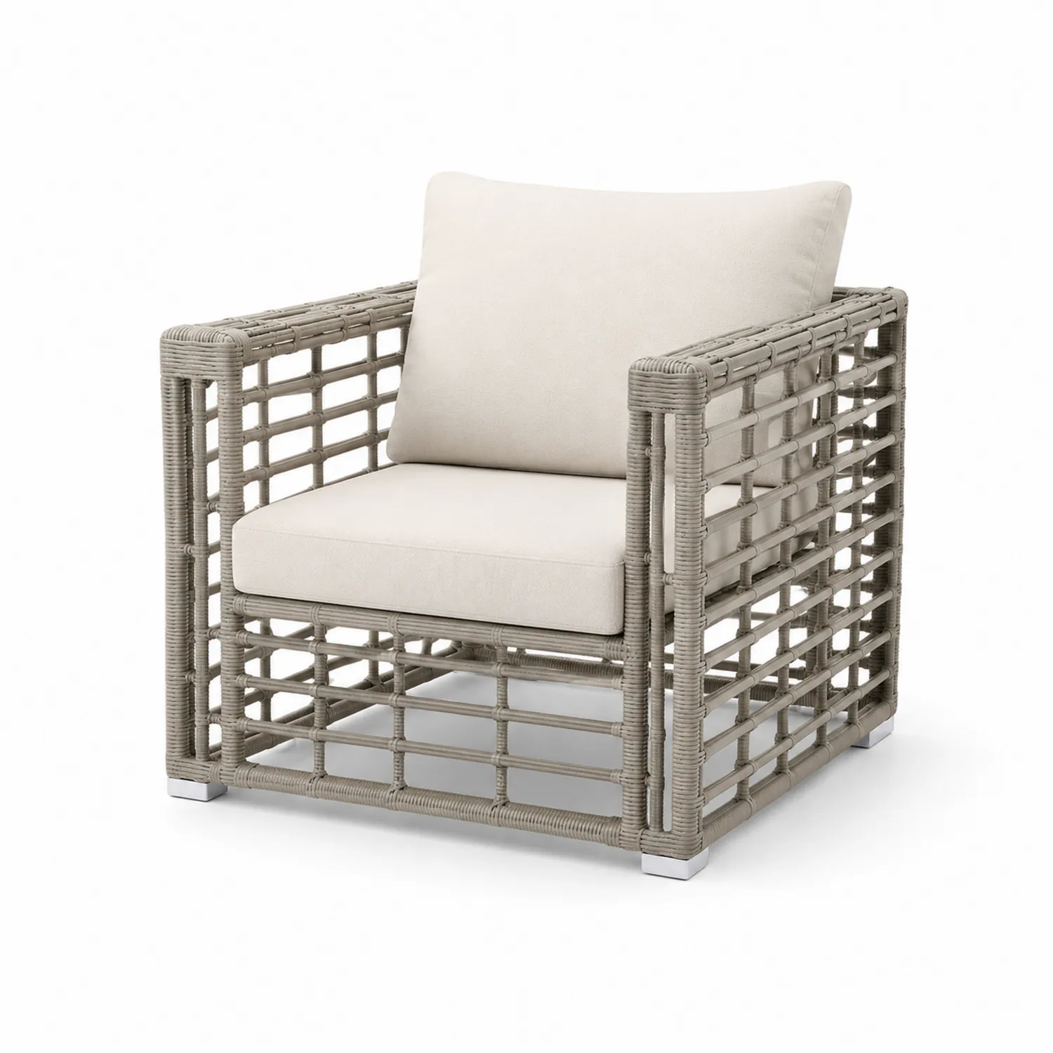 Outdoor-Clubstuhl aus Aluminium und PE-Rattan mit Polyesterkissen Beige/Grau