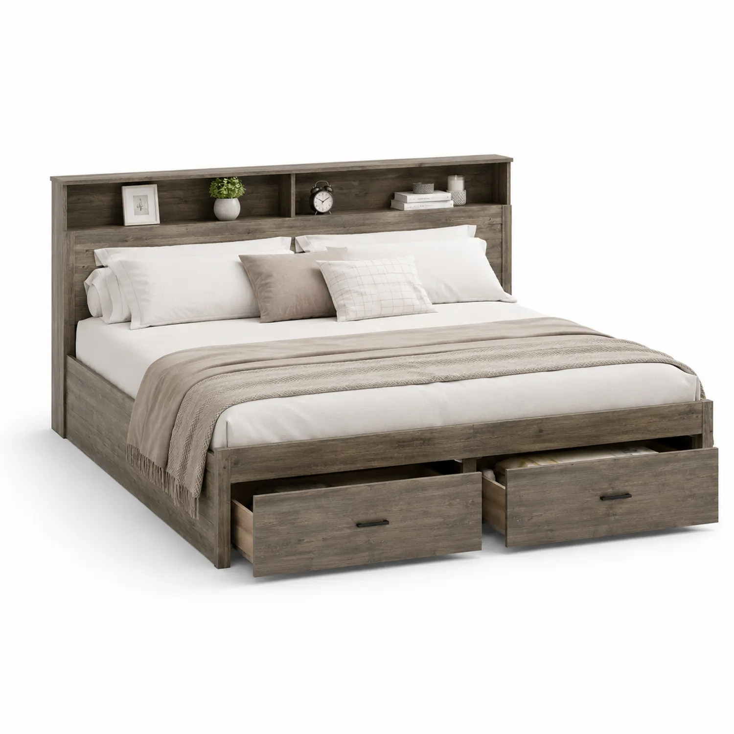 Bett mit Stauraum Holznachbildung mit Schubladen und Regal 200x180 cm Holz