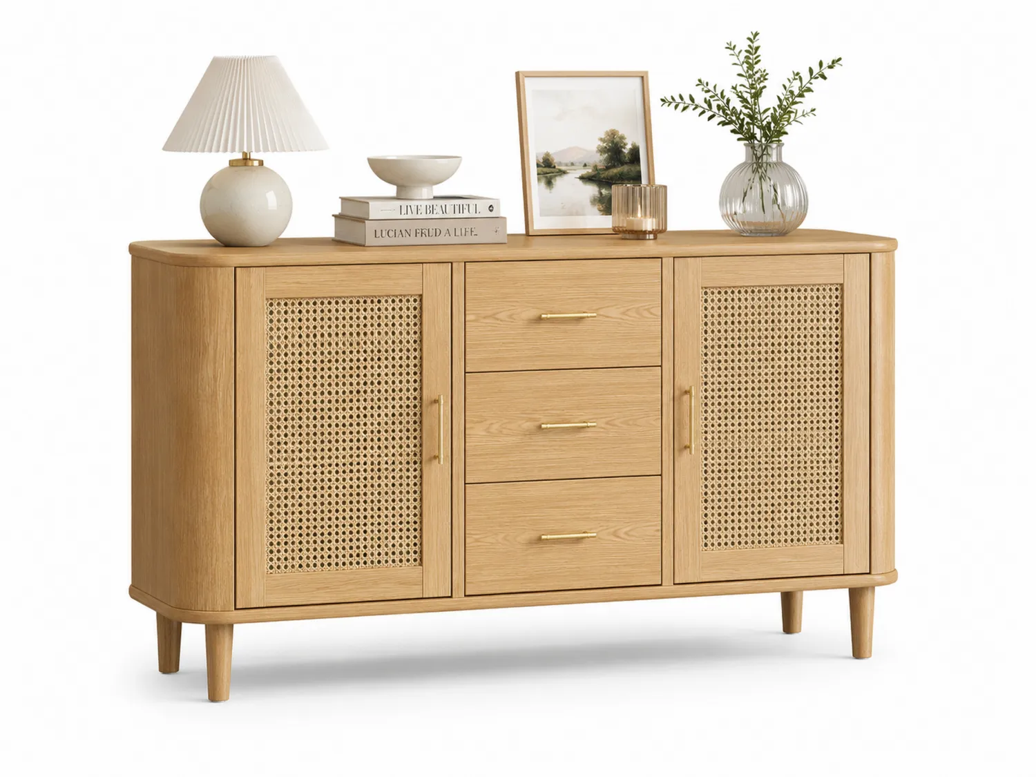 Eichenholz-Buffetschrank mit Rattangeflecht und 3 Schubladen, 152x40x85 cm, Natur