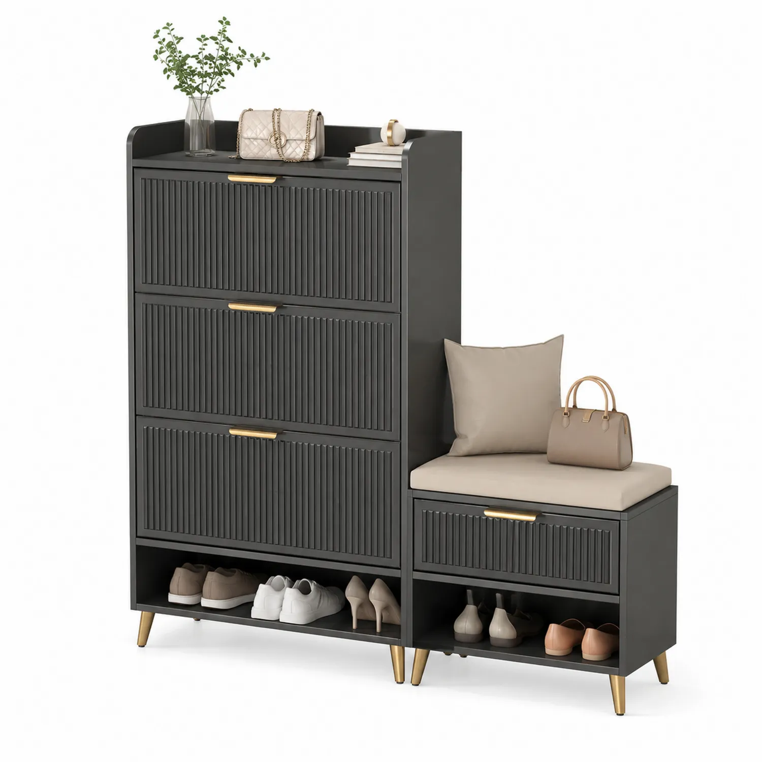 Schuhschrank mit Sitzbank MDF Dunkelgrau