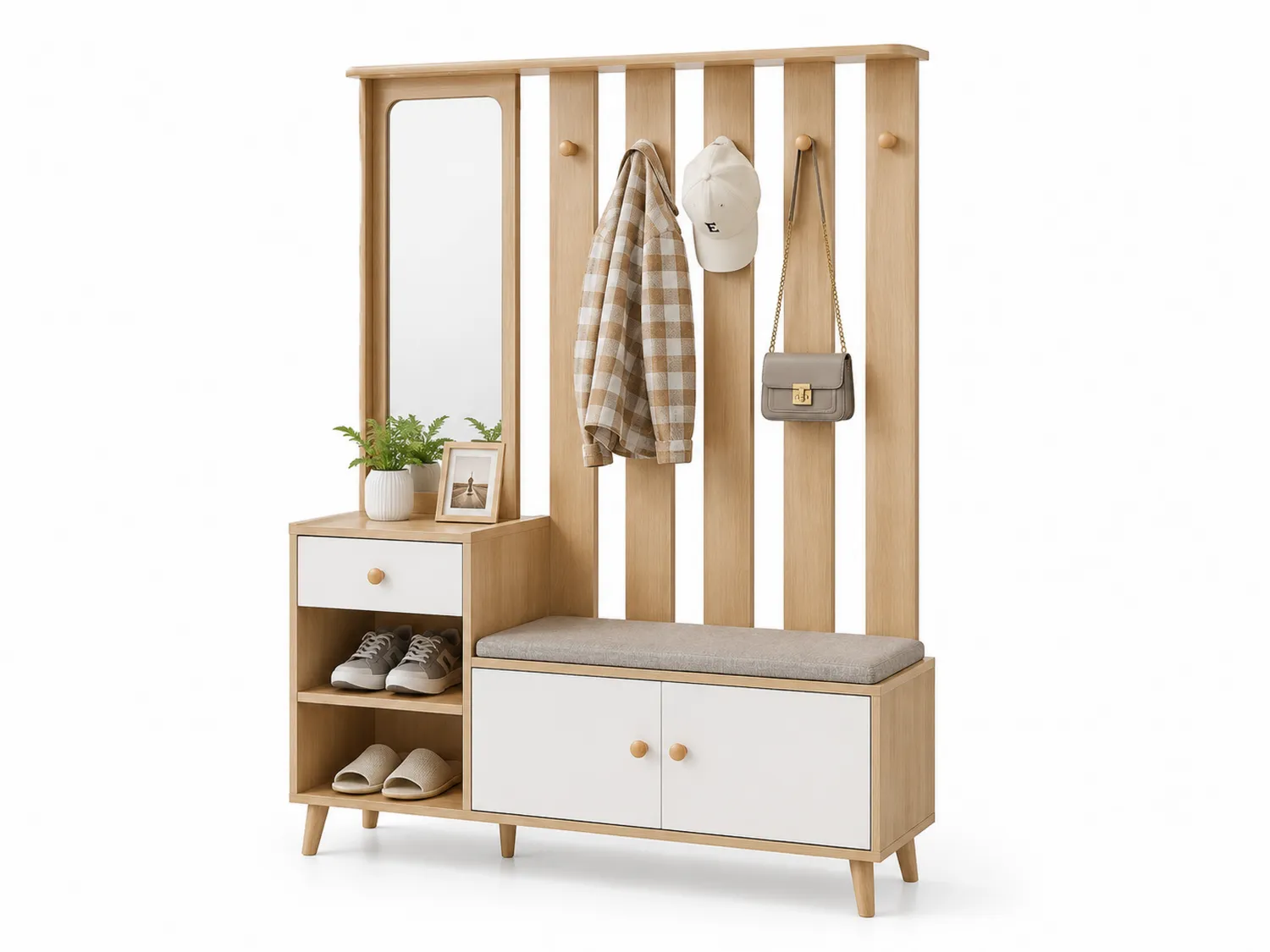 Garderobenständer mit Spiegel und Sitzbank aus Holz und MDF, Weiß