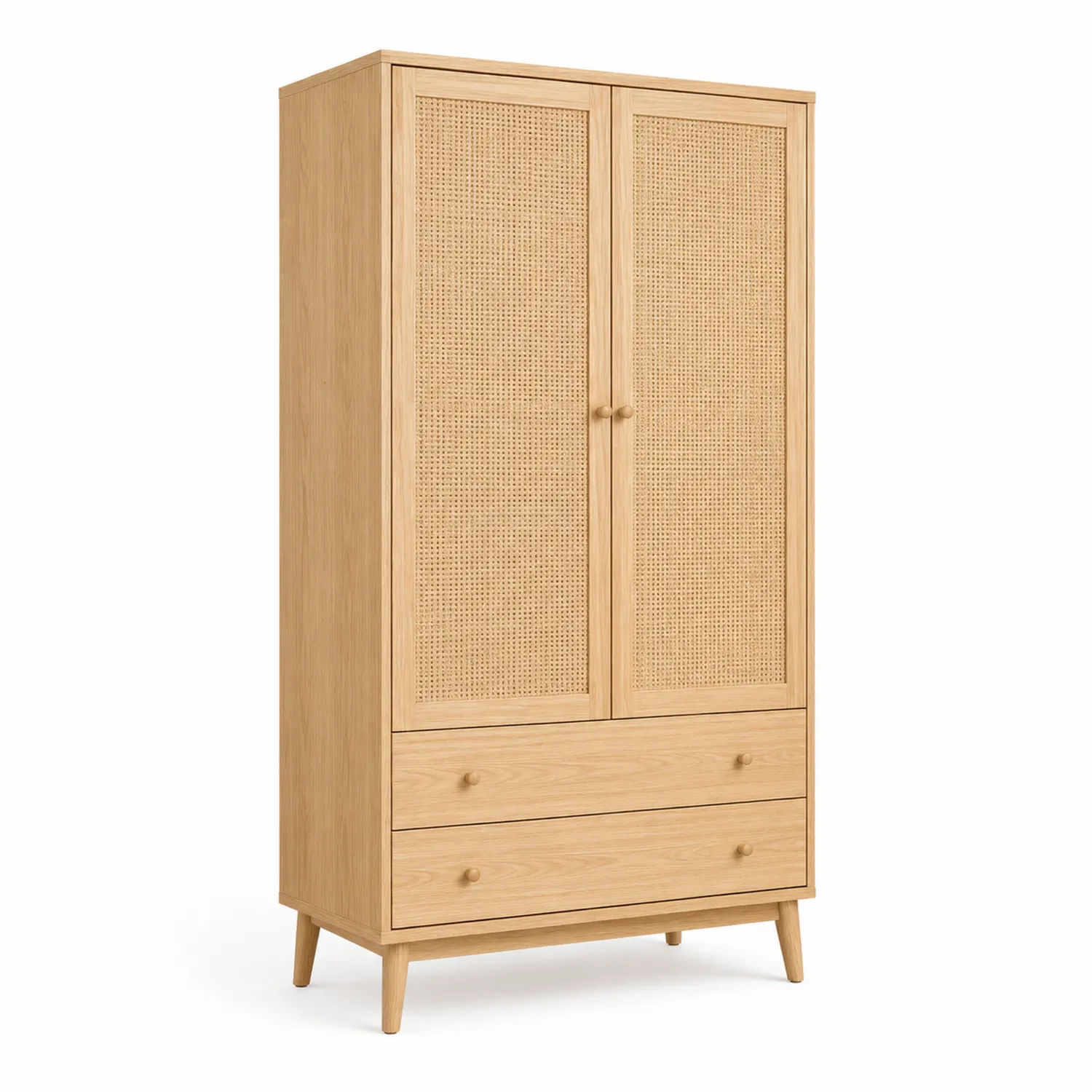 Kleiderschrank aus Eichenholz mit Rattan-Türen und 2 Schubladen, 180 cm