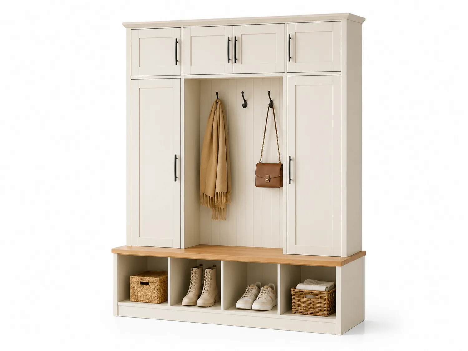 Garderoben-Set Holz MDF Eiche mit Bank und Haken Beige
