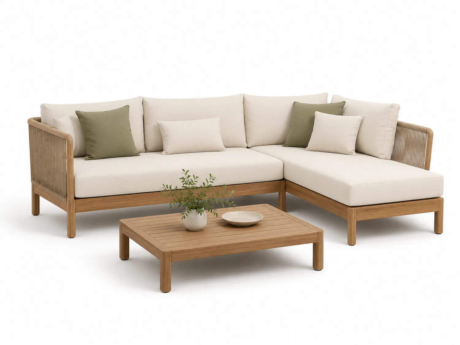 Ecksofa Set Akazienholz mit Kissen Beige/Grün