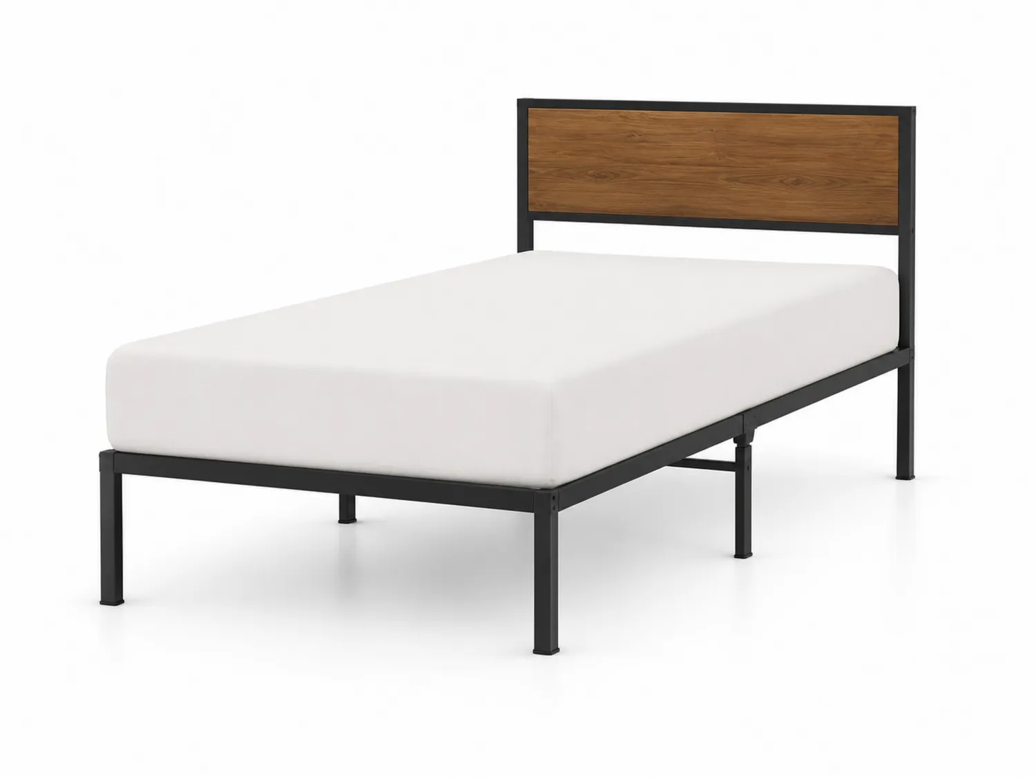 Einzelbett mit Metallrahmen und Holz-Kopfteil 90x200 cm Schwarz/Natur