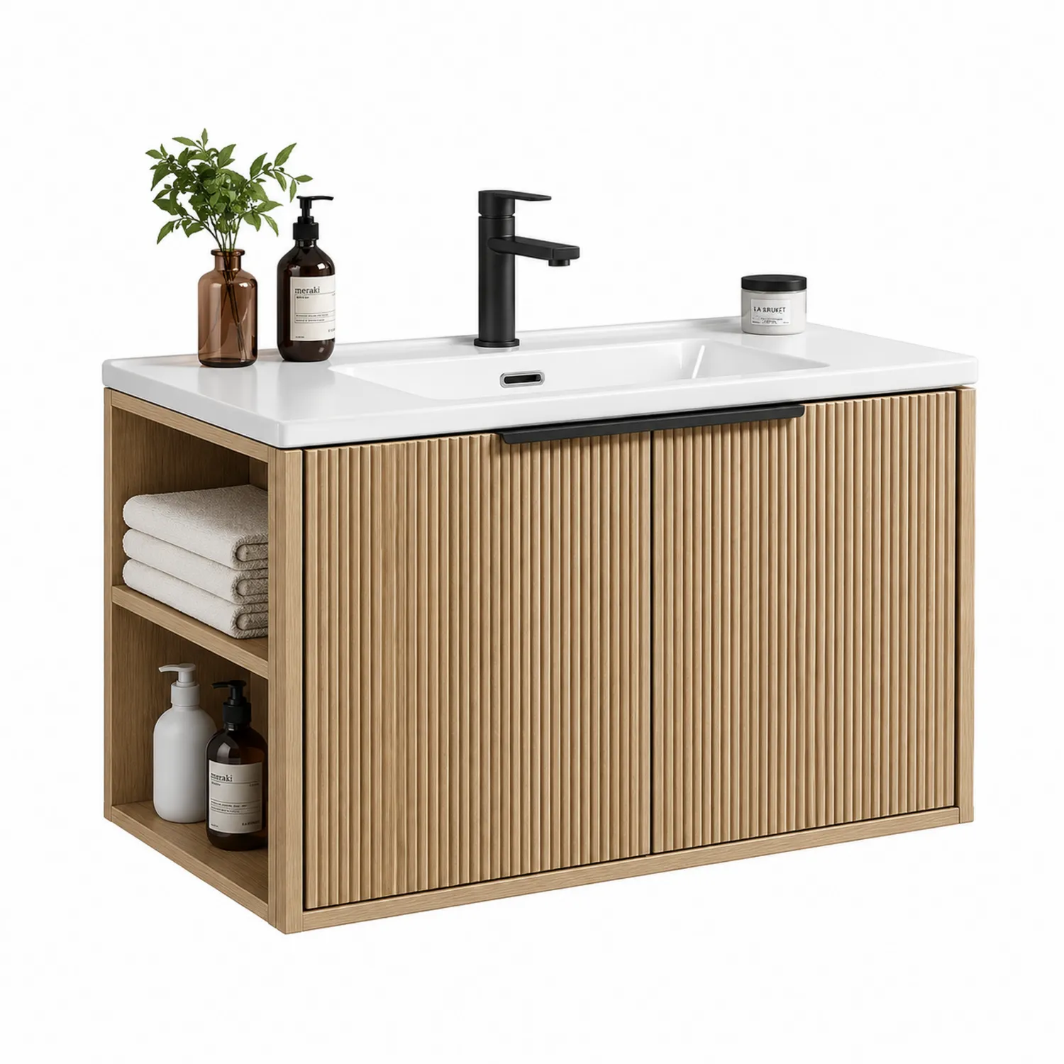 Einzelwaschtisch mit Keramikwaschbecken und MDF-Schrank in Eichenoptik 80x60x45 cm Weiß/Eiche