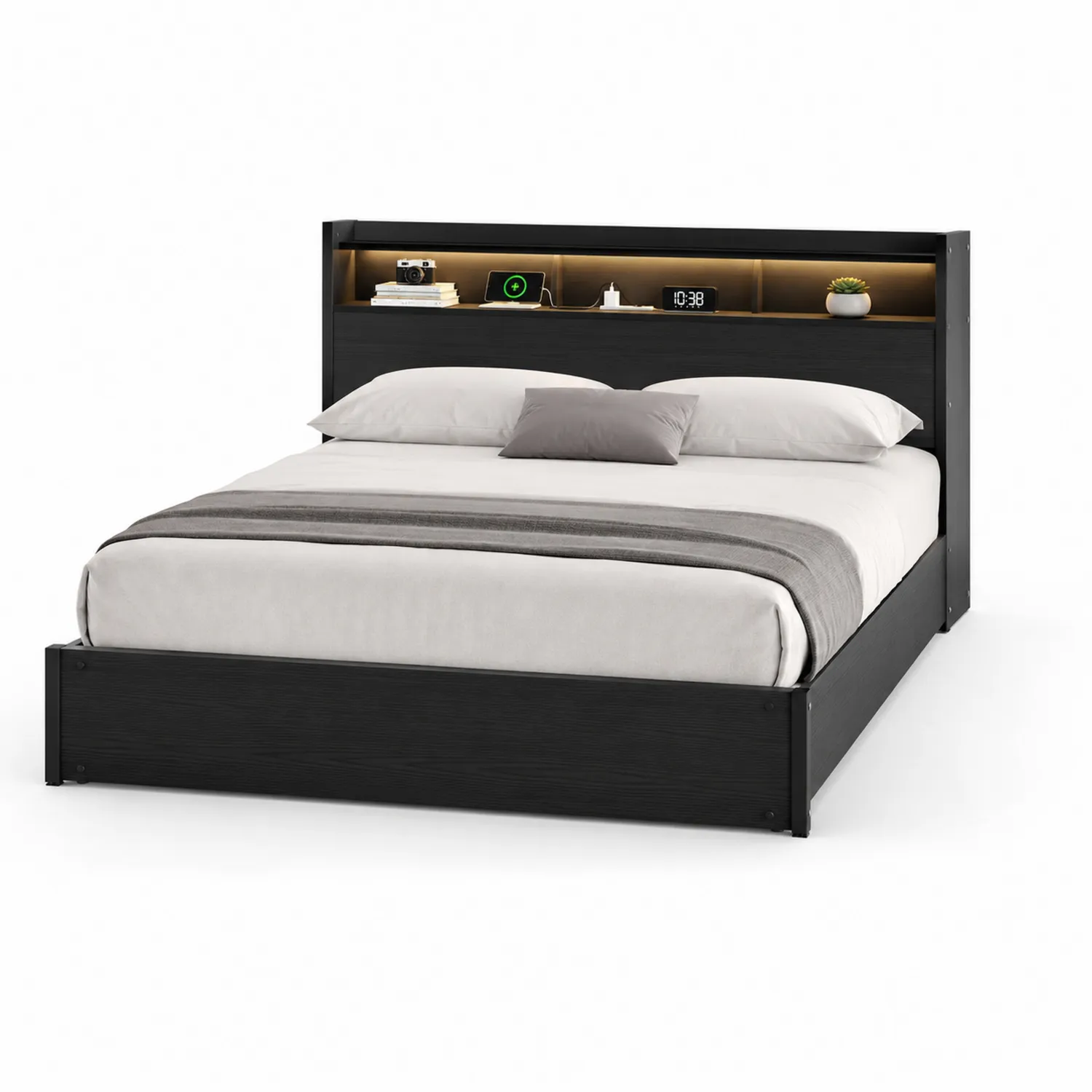Holzbett mit Regal im Kopfteil 210x160x100 cm Schwarz