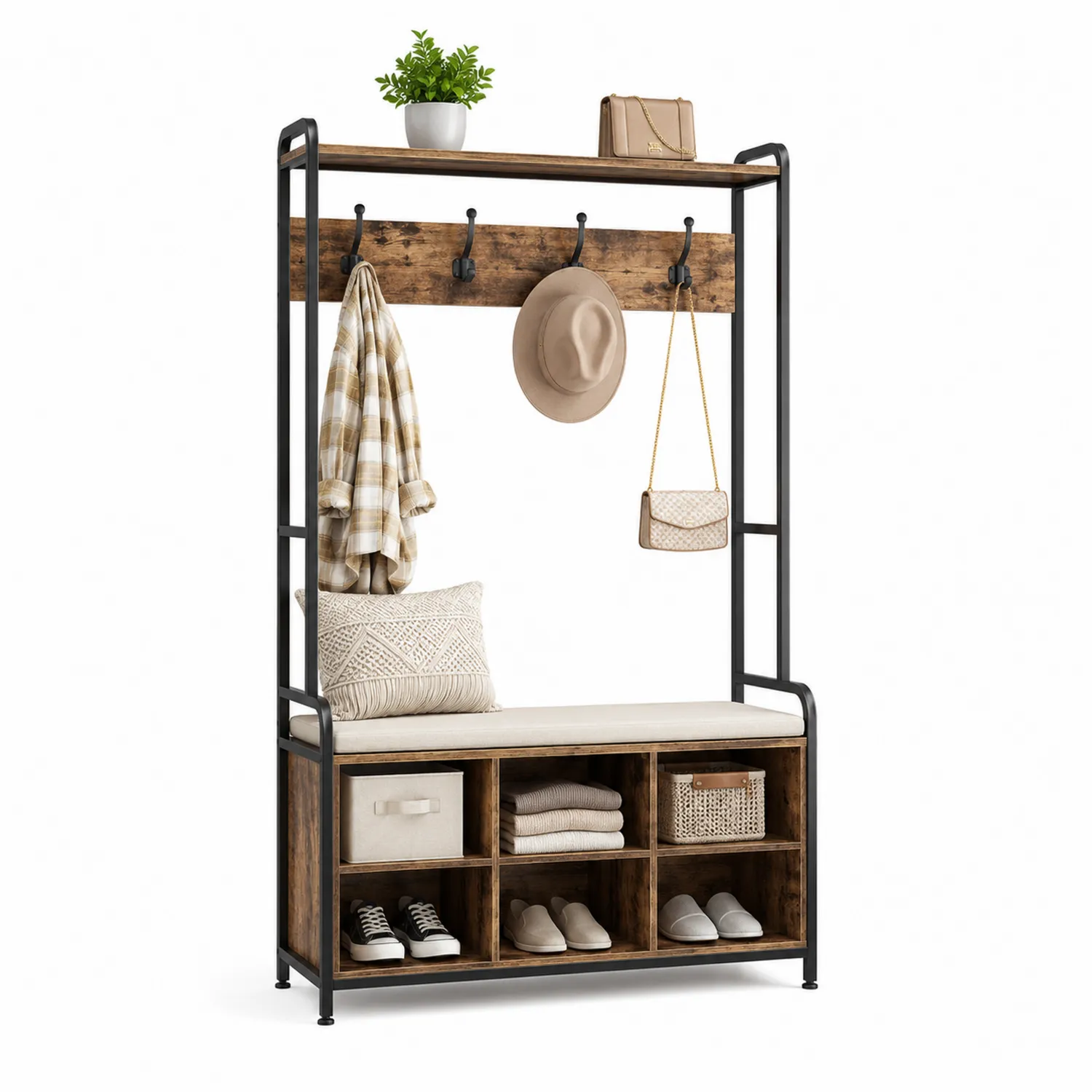 Garderobe aus Metall und Holz mit Sitzbank 185x100x40 cm Braun/Schwarz