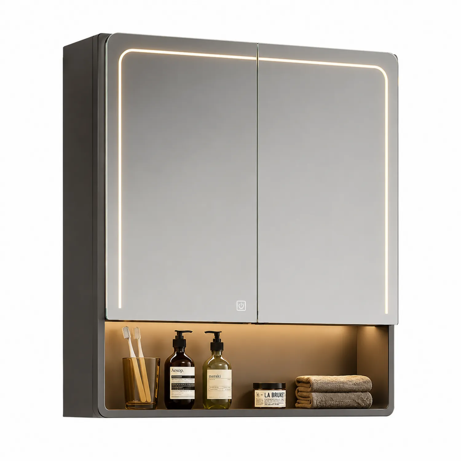 Aluminium Badezimmerspiegelschrank mit gehärtetem Glas und LED 60x70x15 cm Grau