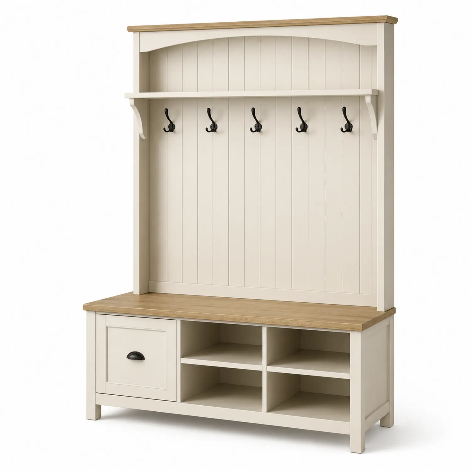 Garderobenständer aus MDF mit Eichenfurnier, 5 Haken, Beige