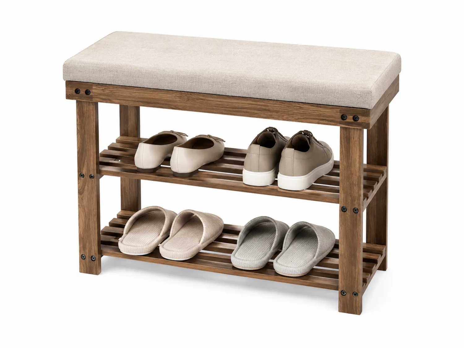 Schuhbank aus Kiefernholz mit Leinenbezug