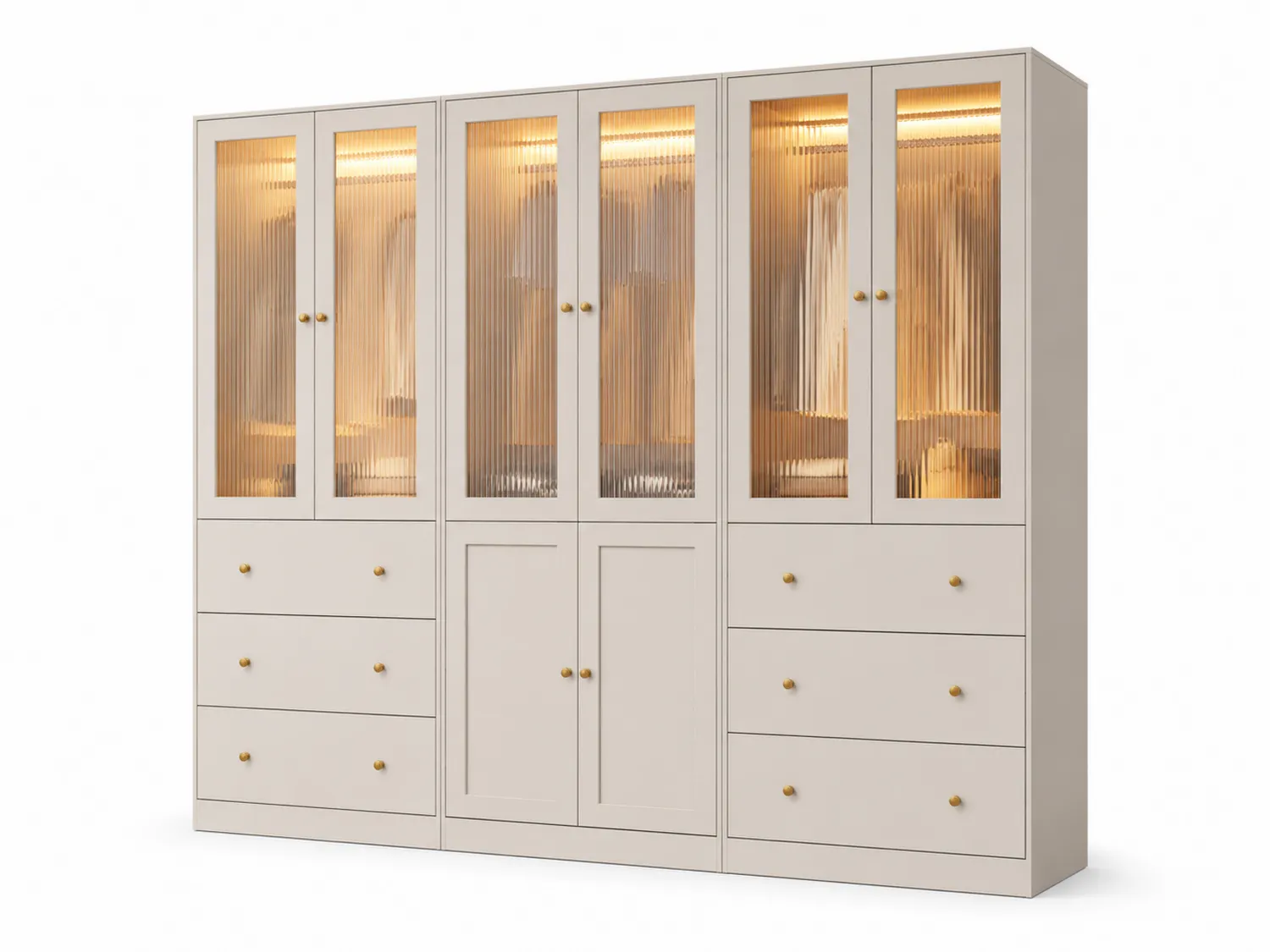 Holz-Kleiderschrank-Set mit geriffeltem Glas, Beige, 220cm x 300cm x 60cm