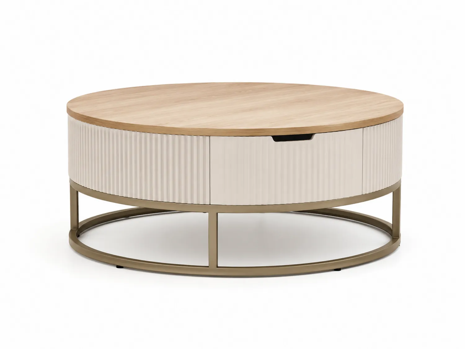 Runder Couchtisch mit Eichenfurnier und Metallgestell, Ø80cm, Beige