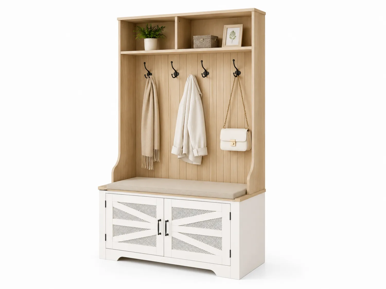 Garderoben-Set Holz MDF Weiß Beige mit Sitzbank 180x100x40cm