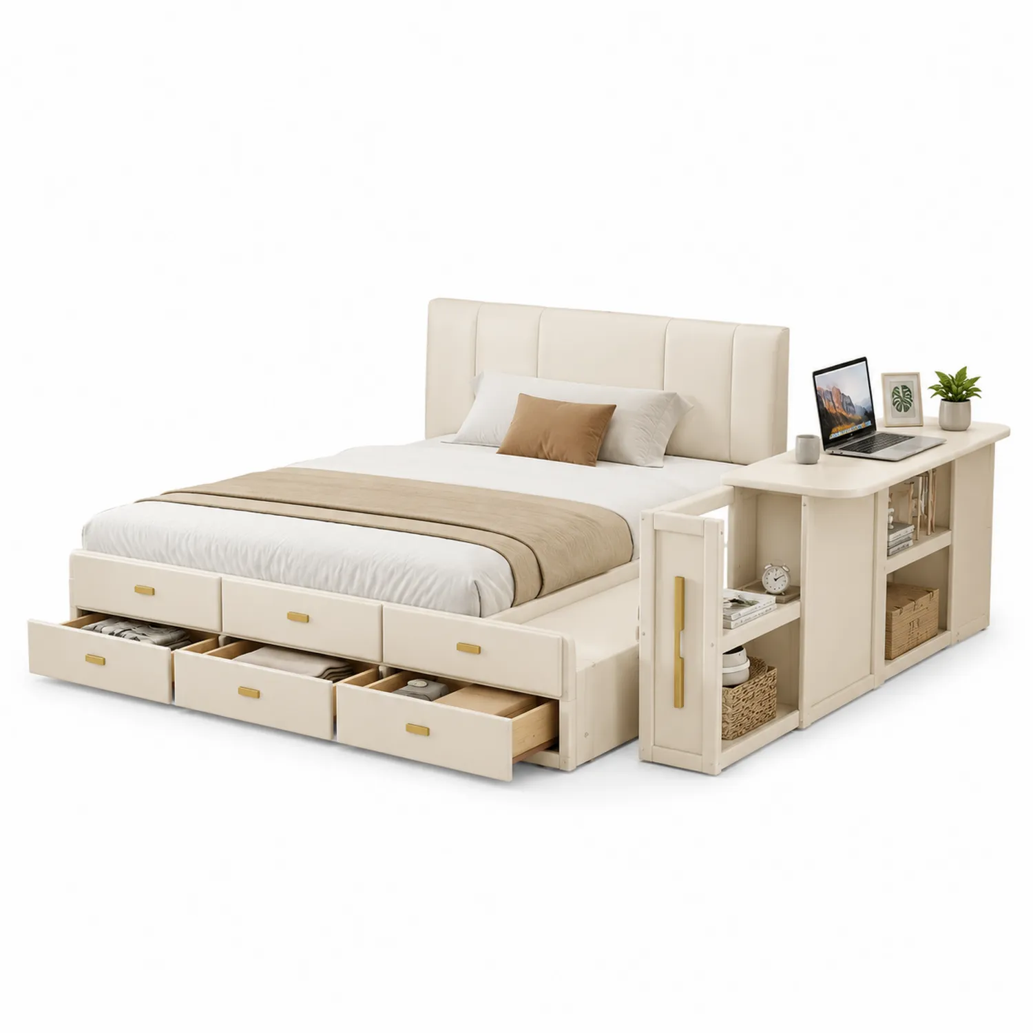 Kunstlederbett mit Schubladen und Regal Beige